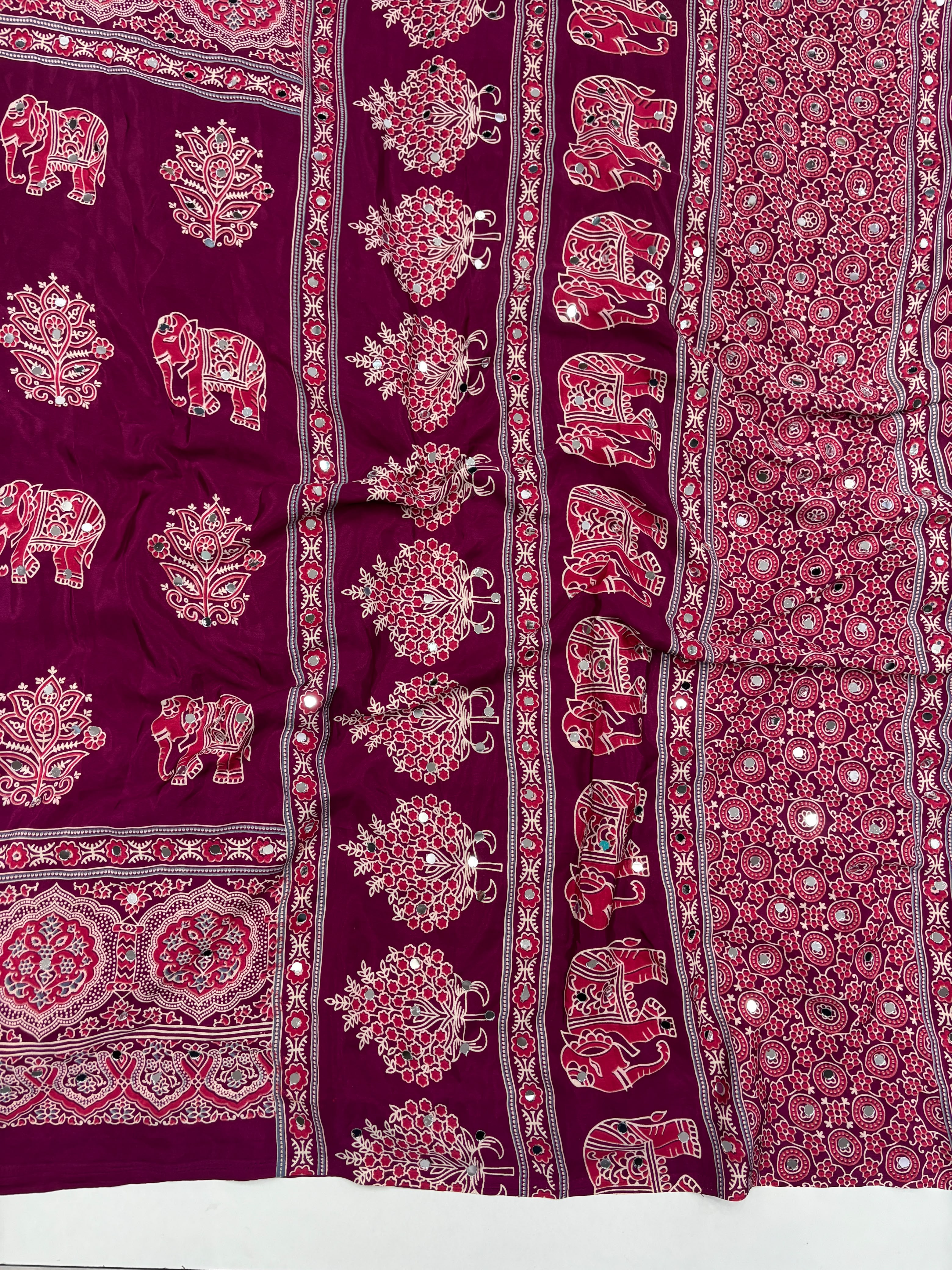 Alverina Party Wear Pure Satin Silk Ajrak Printed Rich Pallu n Mirror Work Fancy Saree With Blouse Piece