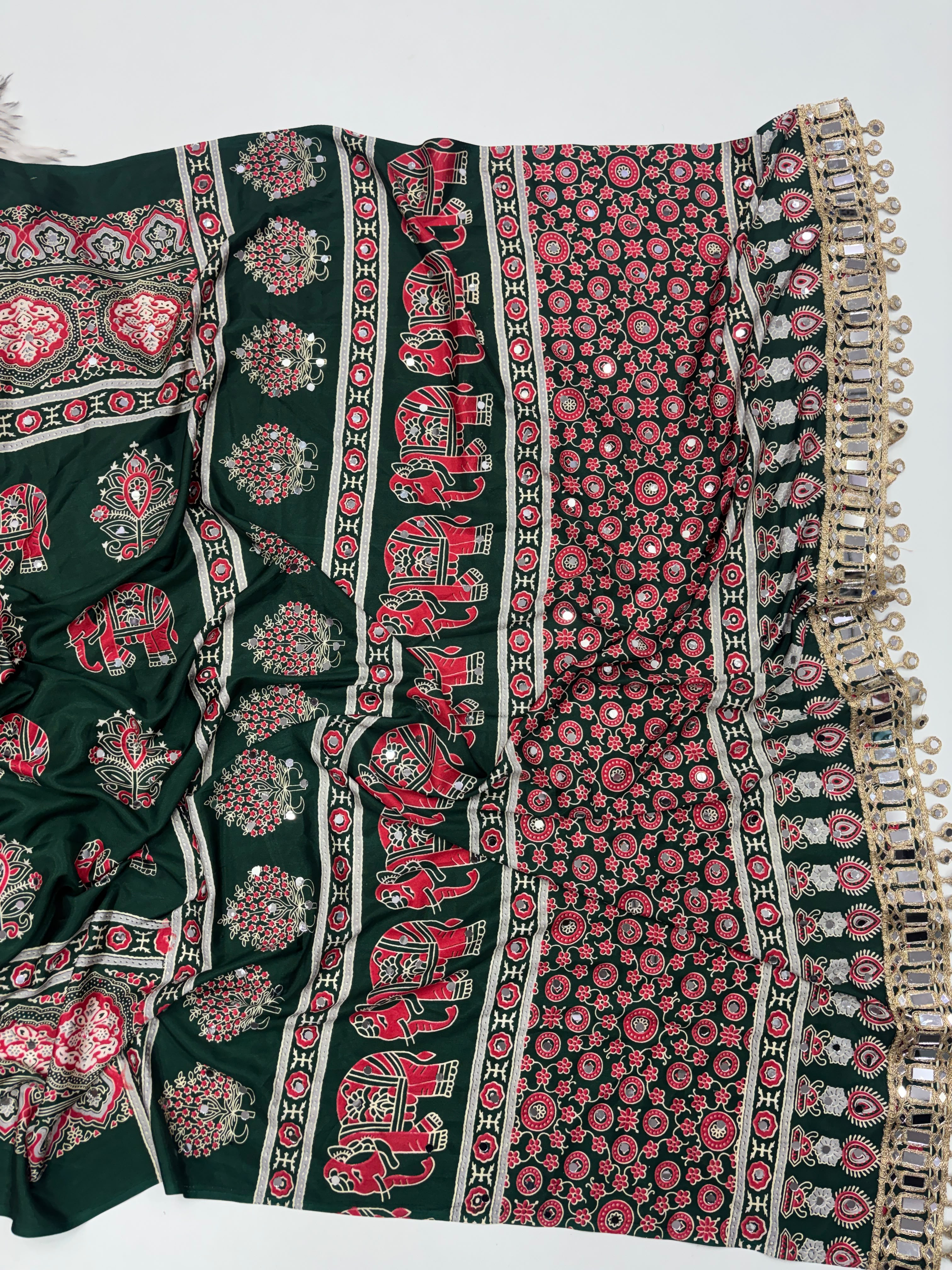 Alverina Party Wear Pure Satin Silk Ajrak Printed Rich Pallu n Mirror Work Fancy Saree With Blouse Piece