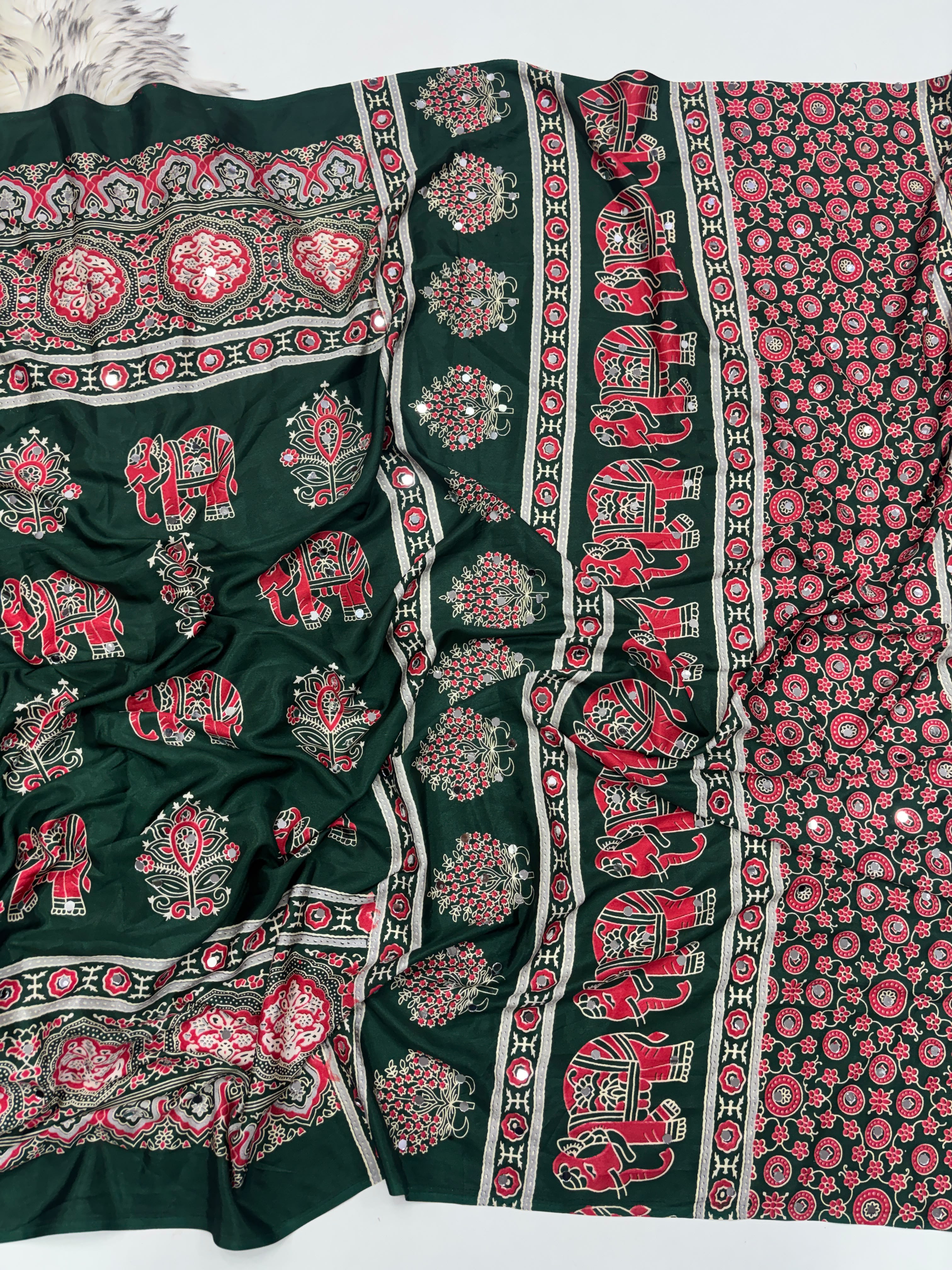 Alverina Party Wear Pure Satin Silk Ajrak Printed Rich Pallu n Mirror Work Fancy Saree With Blouse Piece