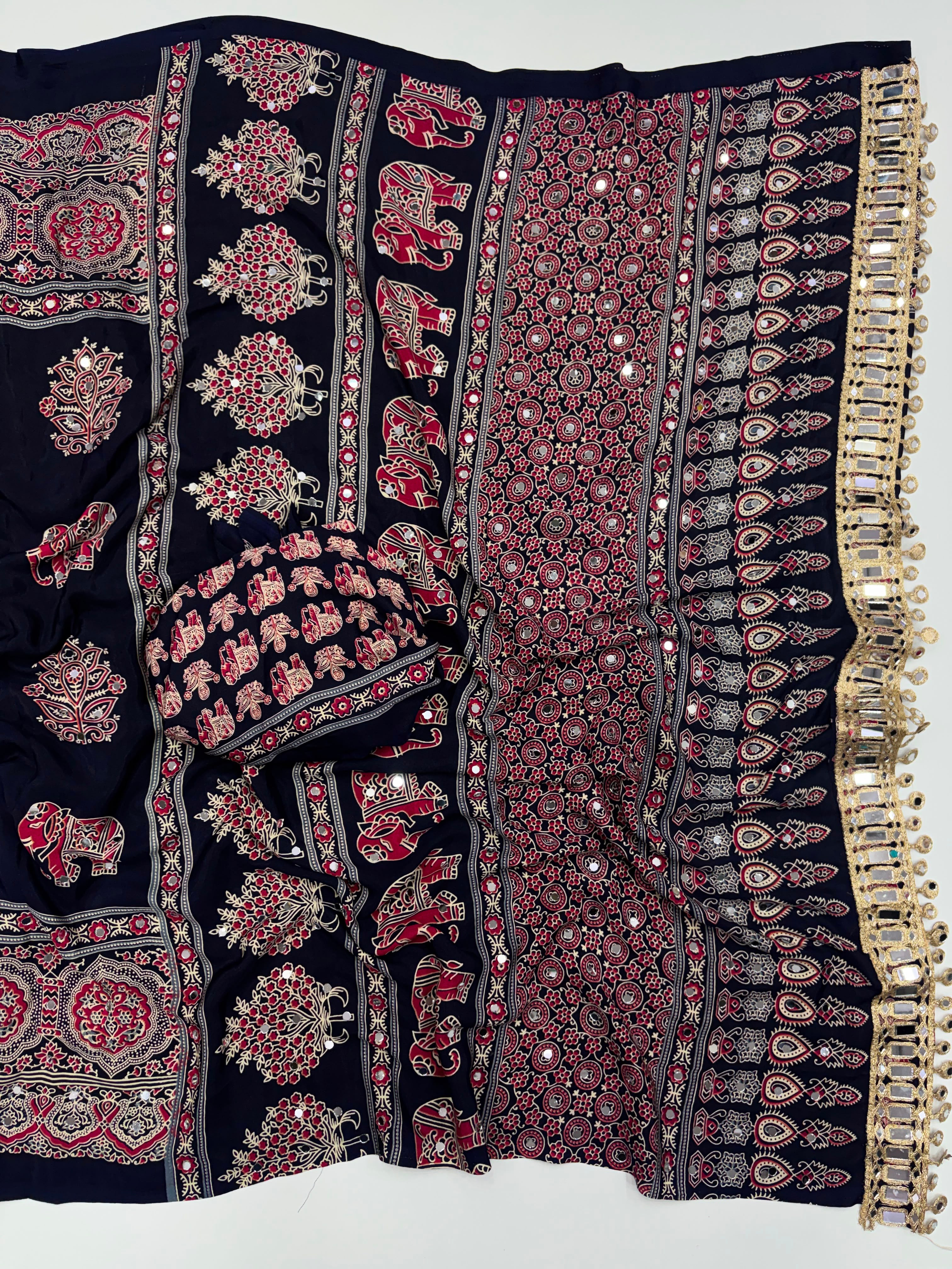 Alverina Party Wear Pure Satin Silk Ajrak Printed Rich Pallu n Mirror Work Fancy Saree With Blouse Piece