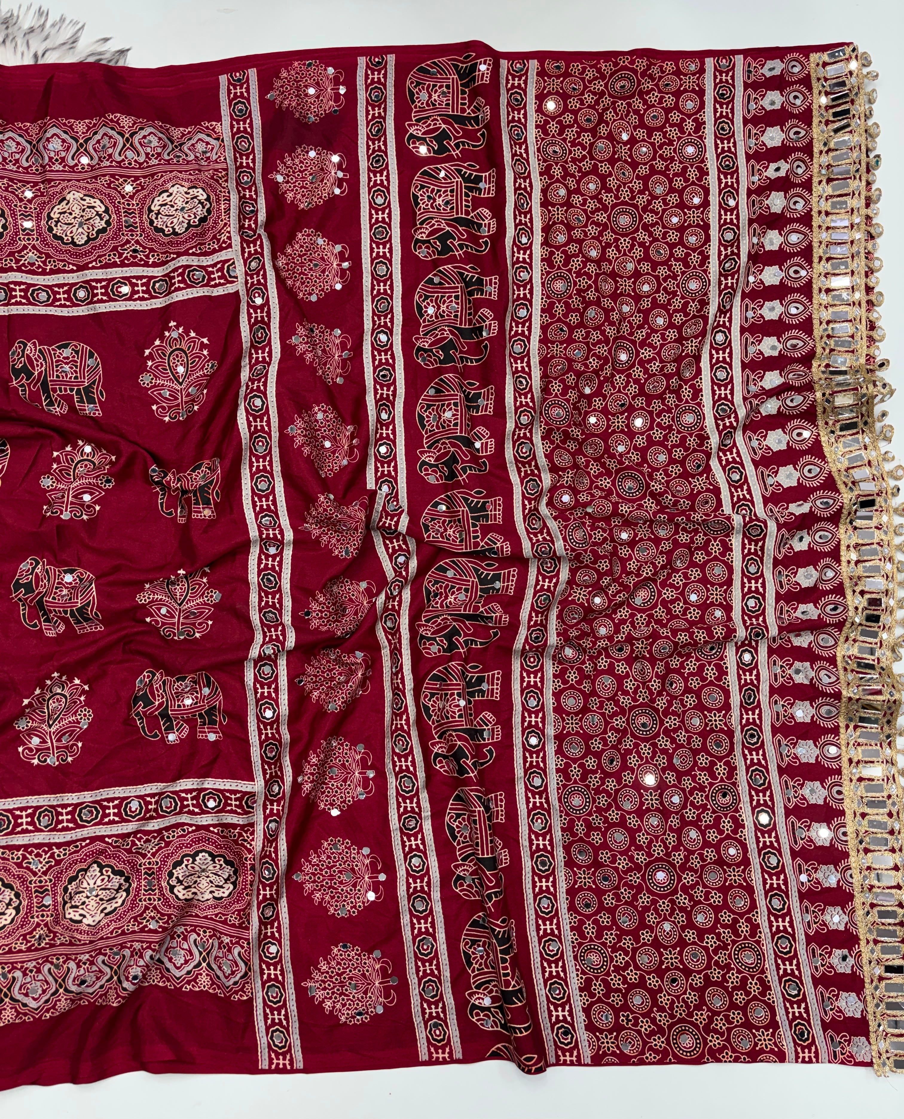 Alverina Party Wear Pure Satin Silk Ajrak Printed Rich Pallu n Mirror Work Fancy Saree With Blouse Piece