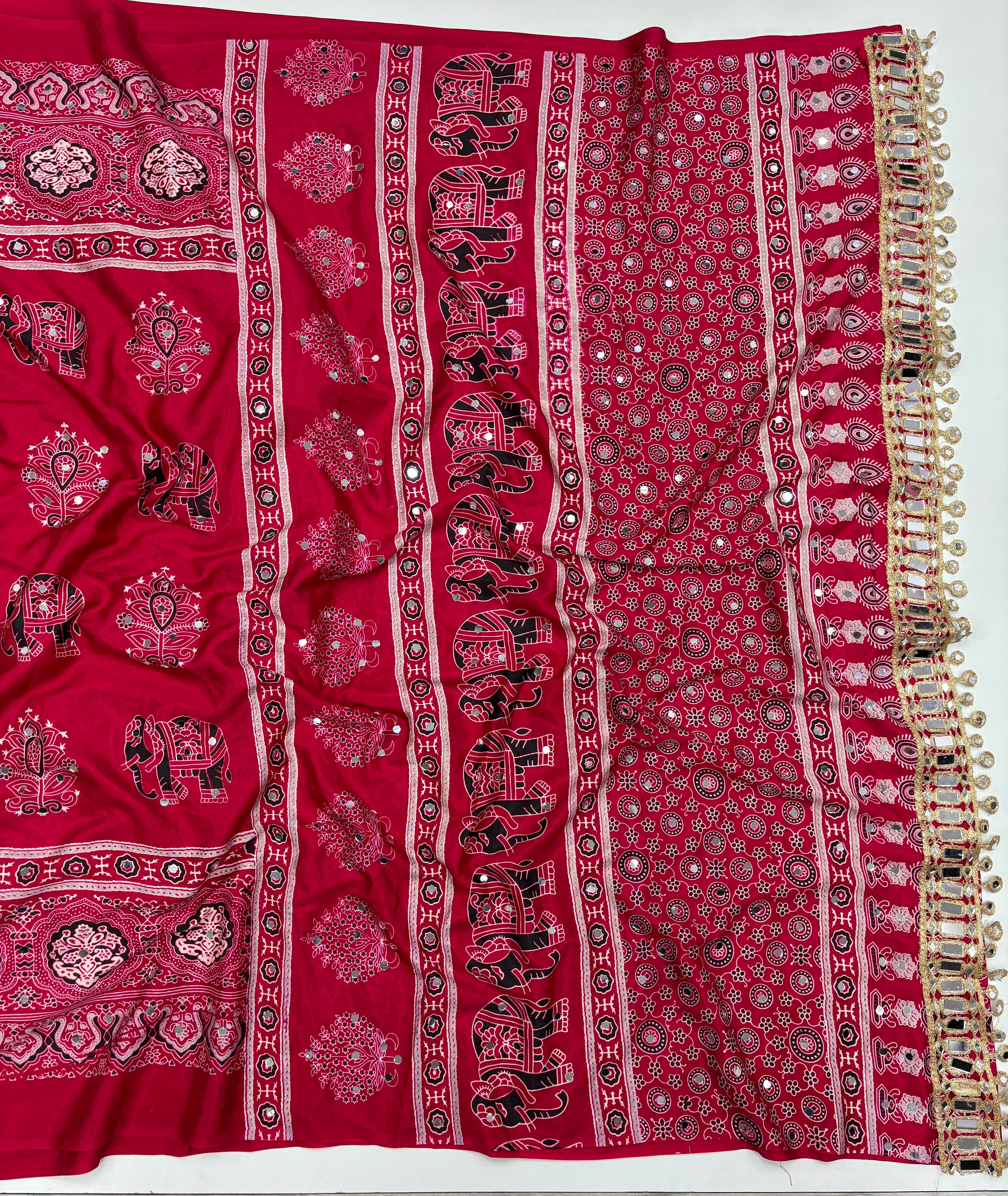 Alverina Party Wear Pure Satin Silk Ajrak Printed Rich Pallu n Mirror Work Fancy Saree With Blouse Piece