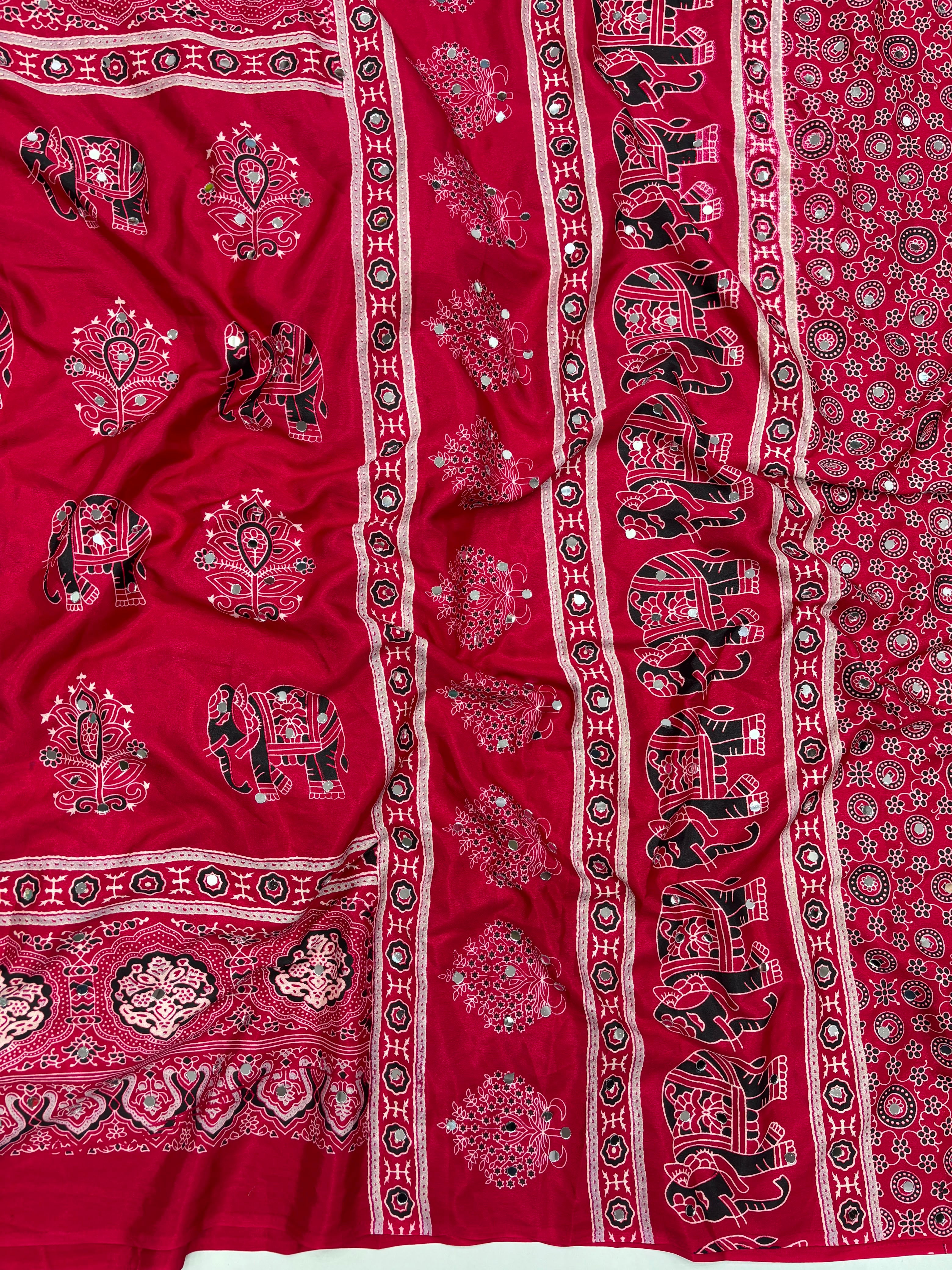 Alverina Party Wear Pure Satin Silk Ajrak Printed Rich Pallu n Mirror Work Fancy Saree With Blouse Piece
