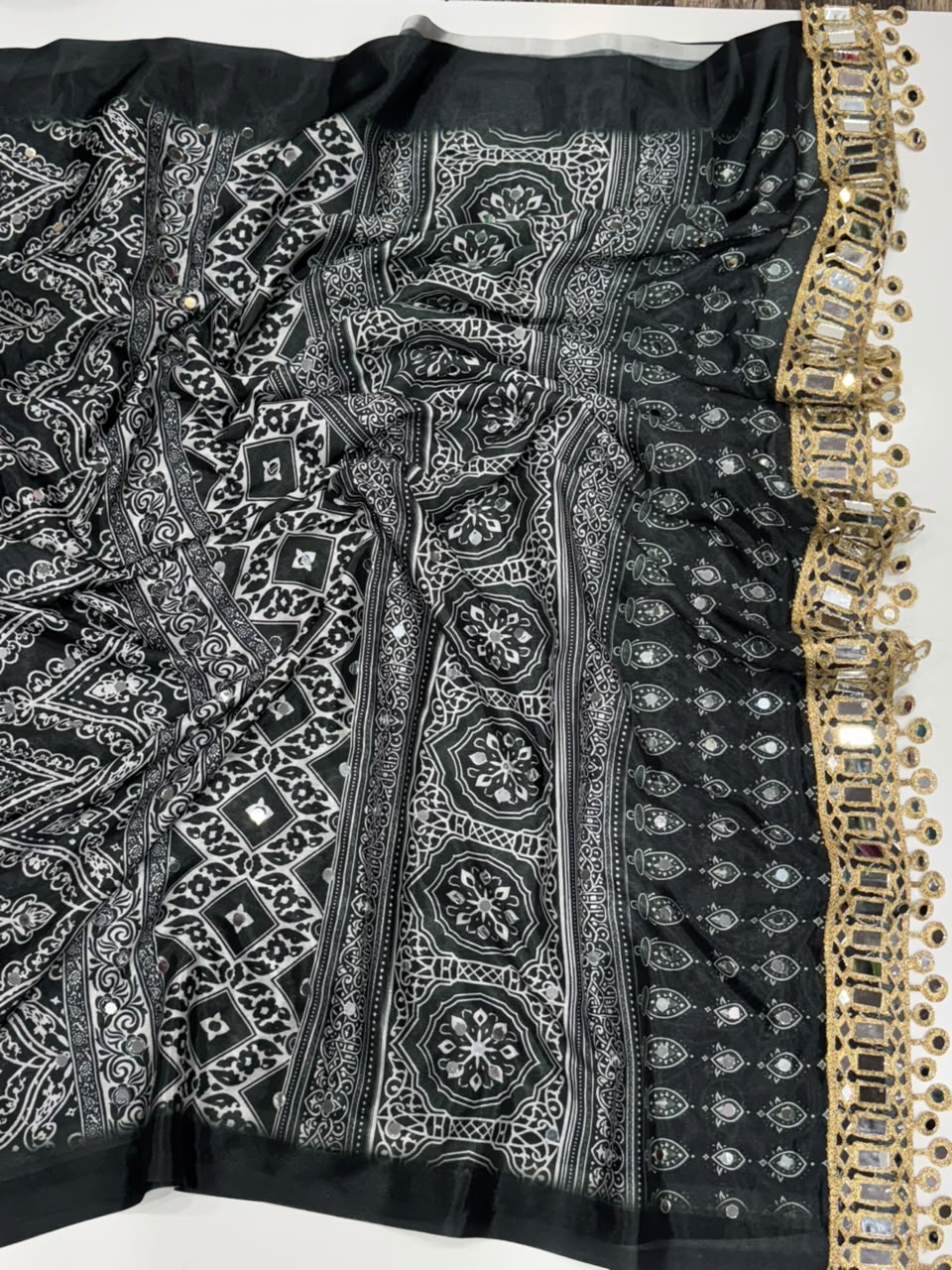 Adorning  Party Wear Pure Chinnon Silk Ajrak Printed Rich Pallu n Mirror Work Designer Saree With Blouse Piece