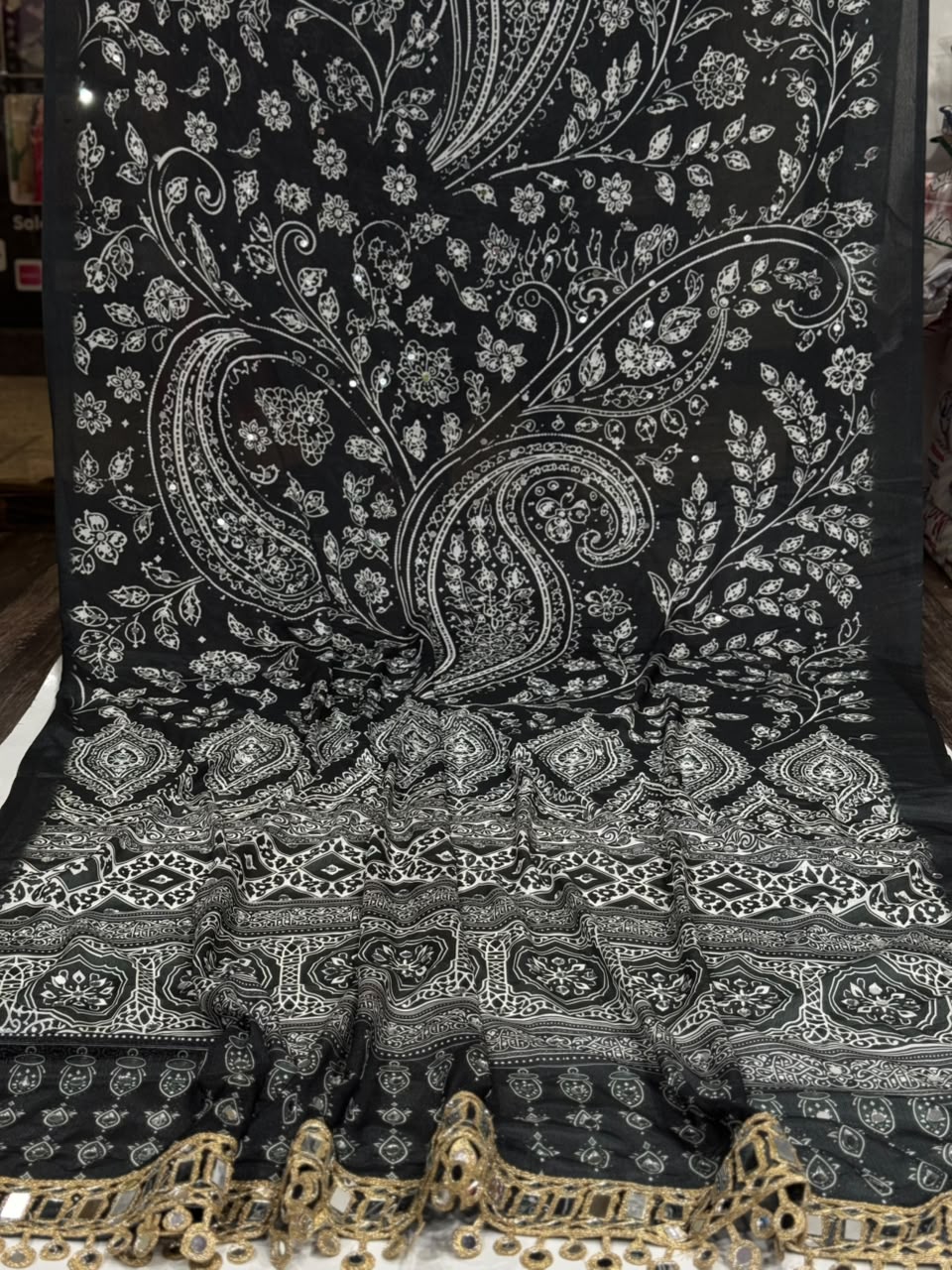 Adorning  Party Wear Pure Chinnon Silk Ajrak Printed Rich Pallu n Mirror Work Designer Saree With Blouse Piece
