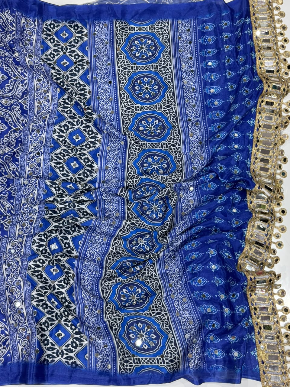 Adorning  Party Wear Pure Chinnon Silk Ajrak Printed Rich Pallu n Mirror Work Designer Saree With Blouse Piece