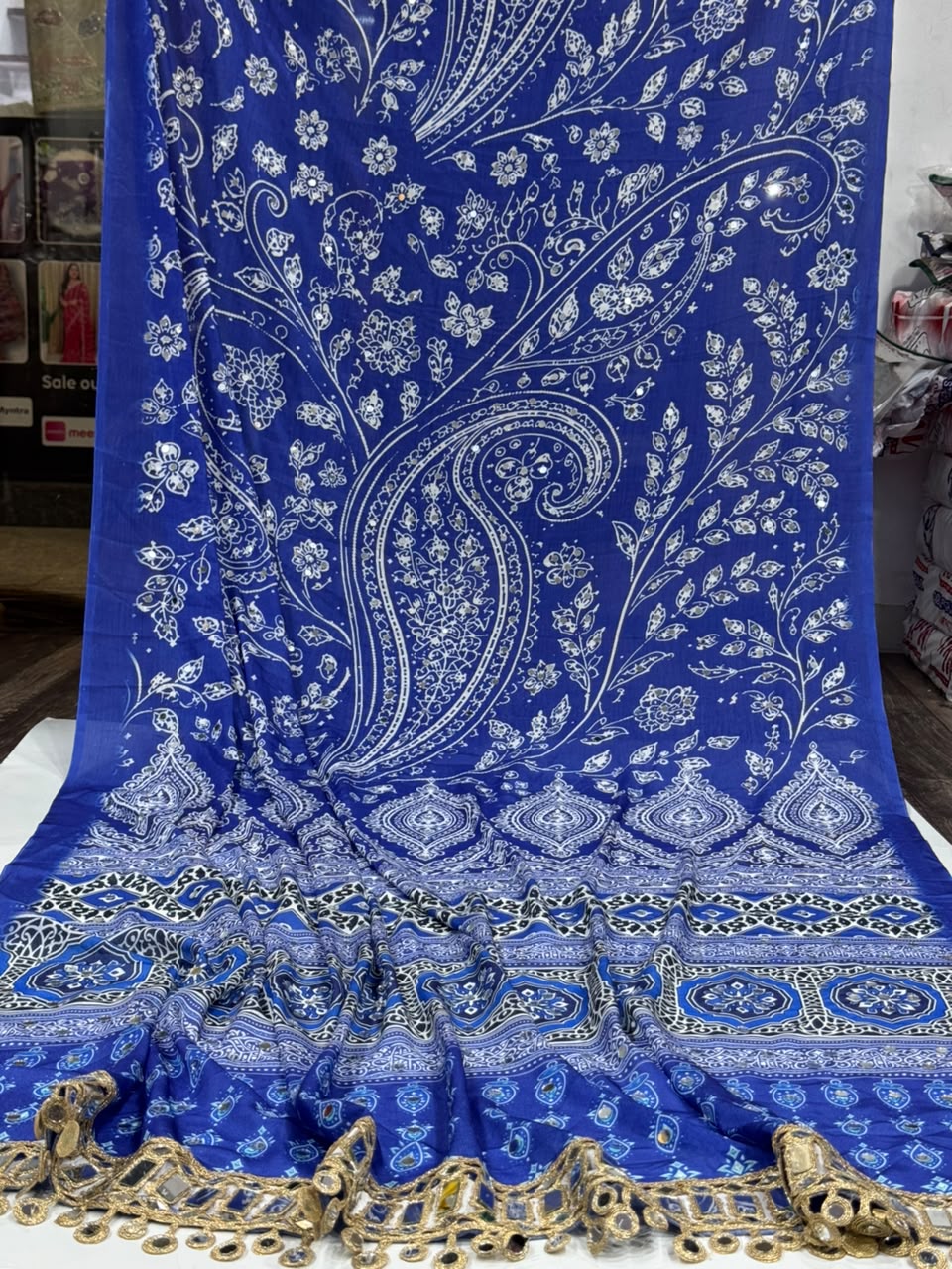 Adorning  Party Wear Pure Chinnon Silk Ajrak Printed Rich Pallu n Mirror Work Designer Saree With Blouse Piece