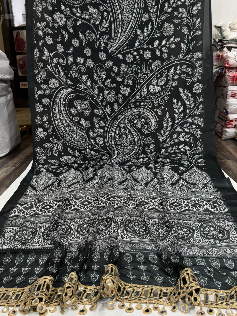 Adorning  Party Wear Pure Chinnon Silk Ajrak Printed Rich Pallu n Mirror Work Designer Saree With Blouse Piece