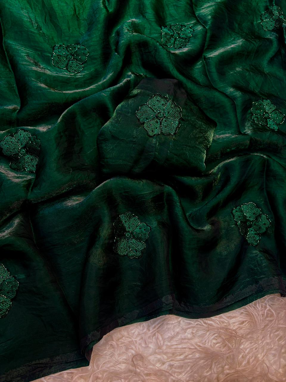 Prettiest Wedding Wear Silk Embroidery Thread n Beads Work Designer Saree With Blouse Piece