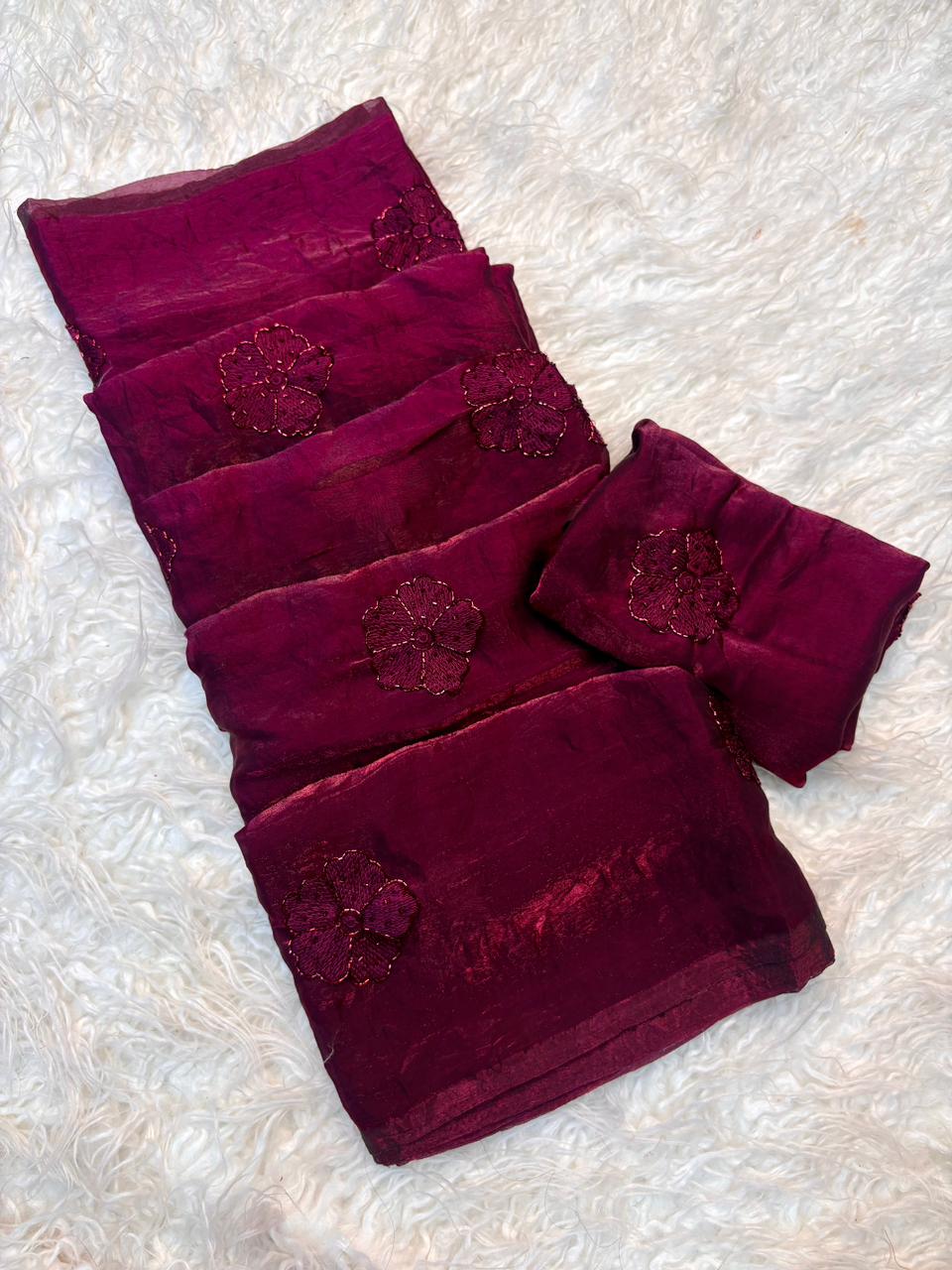 Prettiest Wedding Wear Silk Embroidery Thread n Beads Work Designer Saree With Blouse Piece