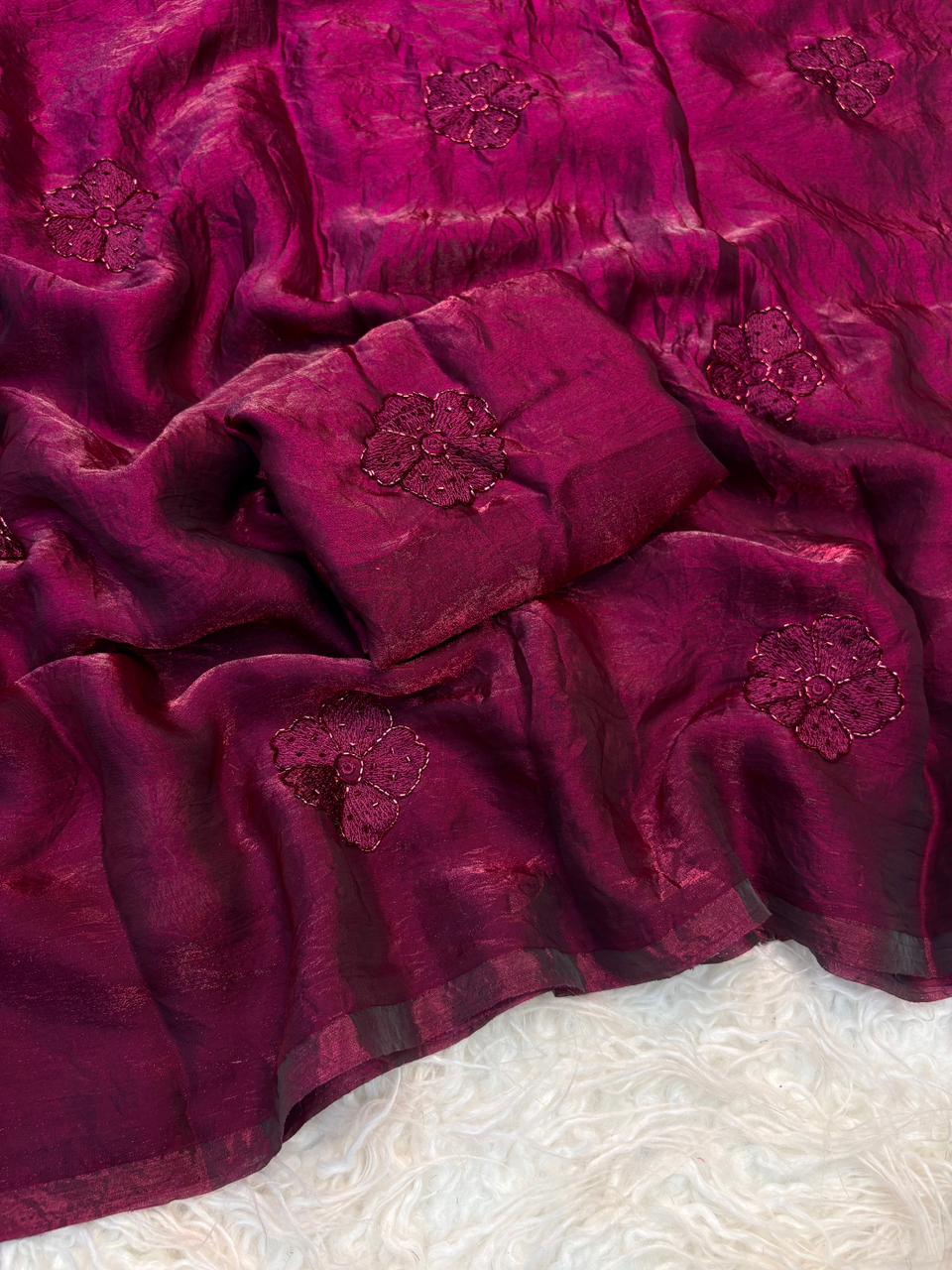 Prettiest Wedding Wear Silk Embroidery Thread n Beads Work Designer Saree With Blouse Piece