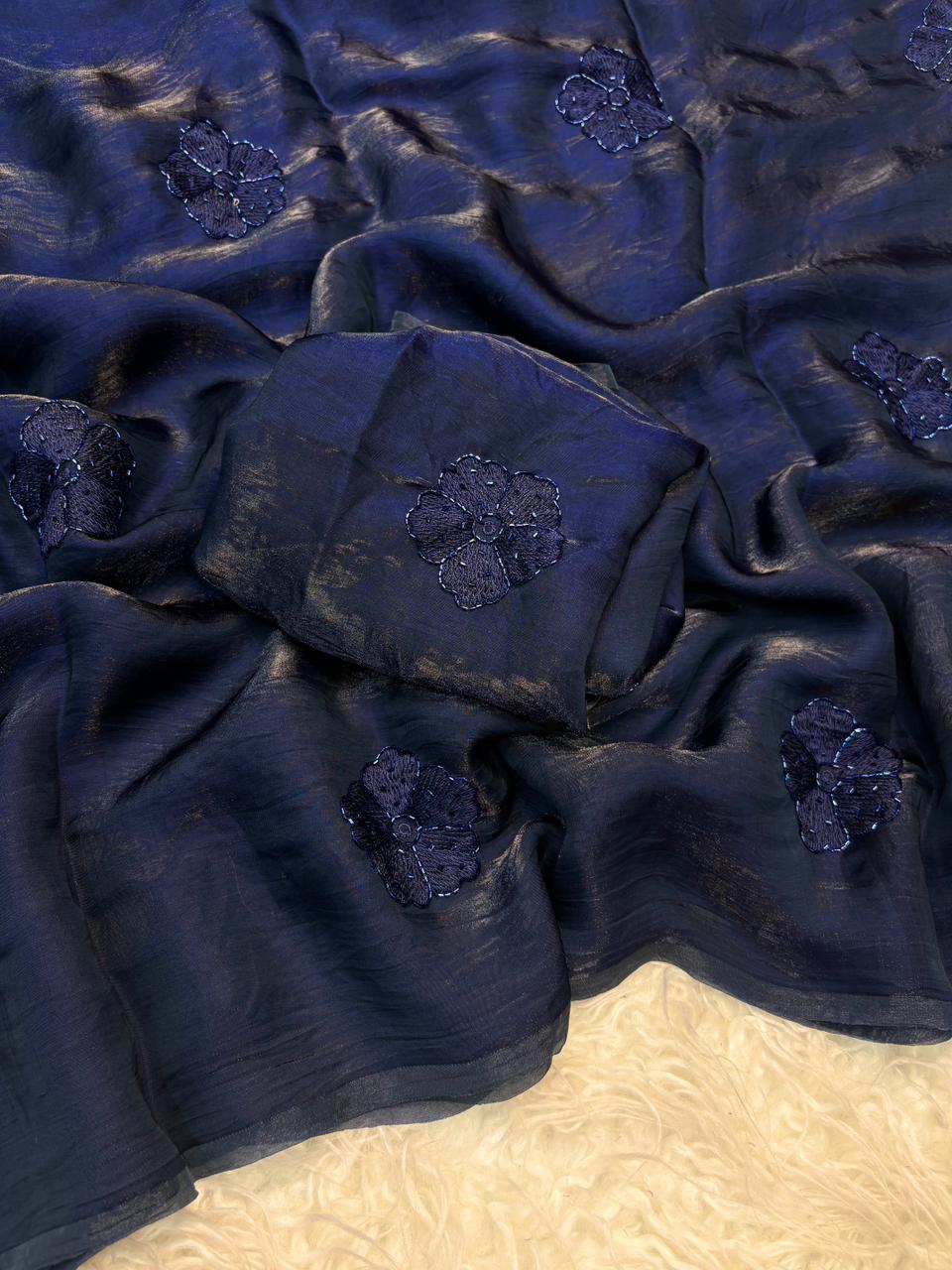 Prettiest Wedding Wear Silk Embroidery Thread n Beads Work Designer Saree With Blouse Piece