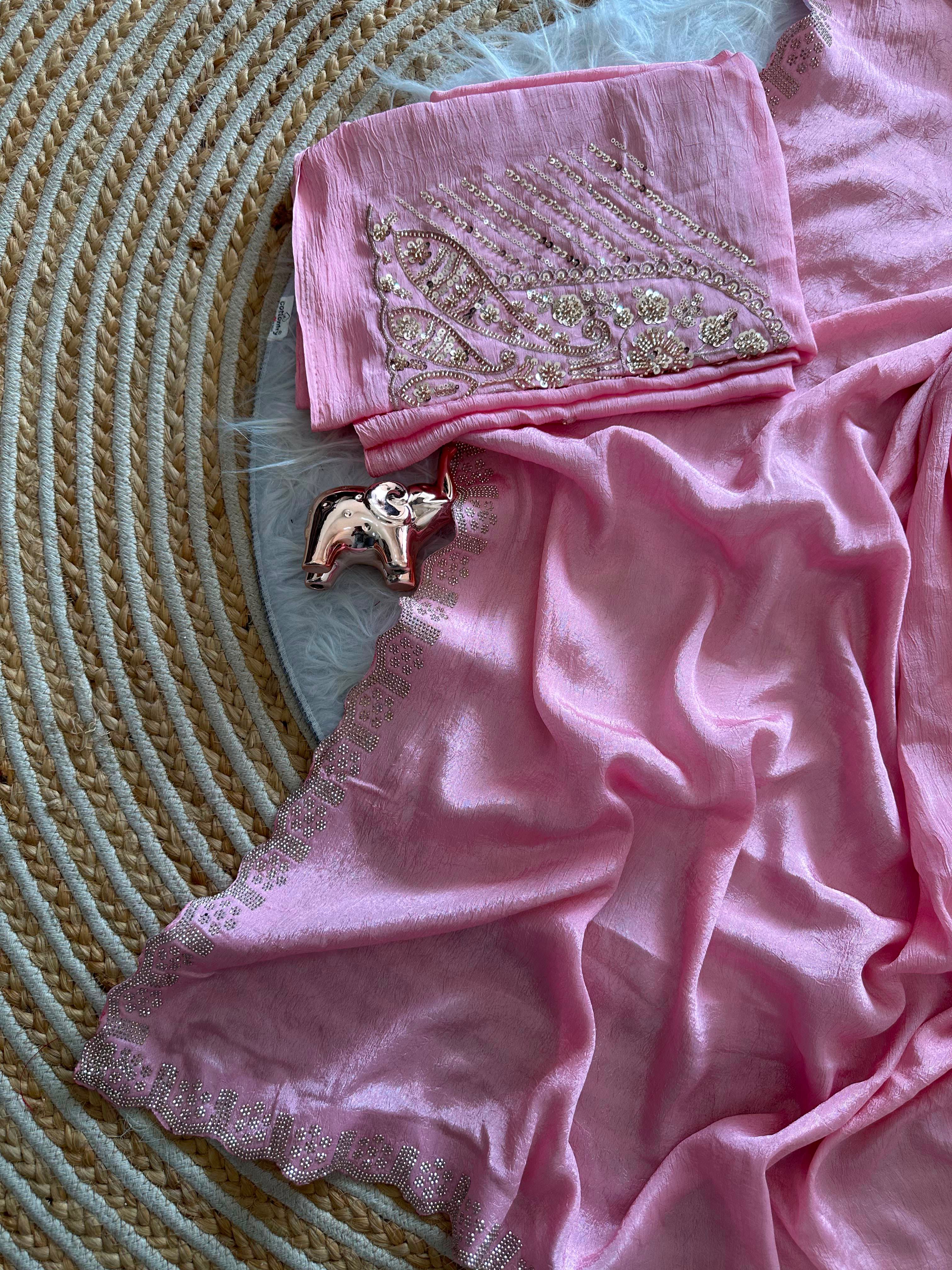 Artisanal Festive Wear Soft Crush Silk Siroski n Diamond Work Fancy Saree With Blouse Piece
