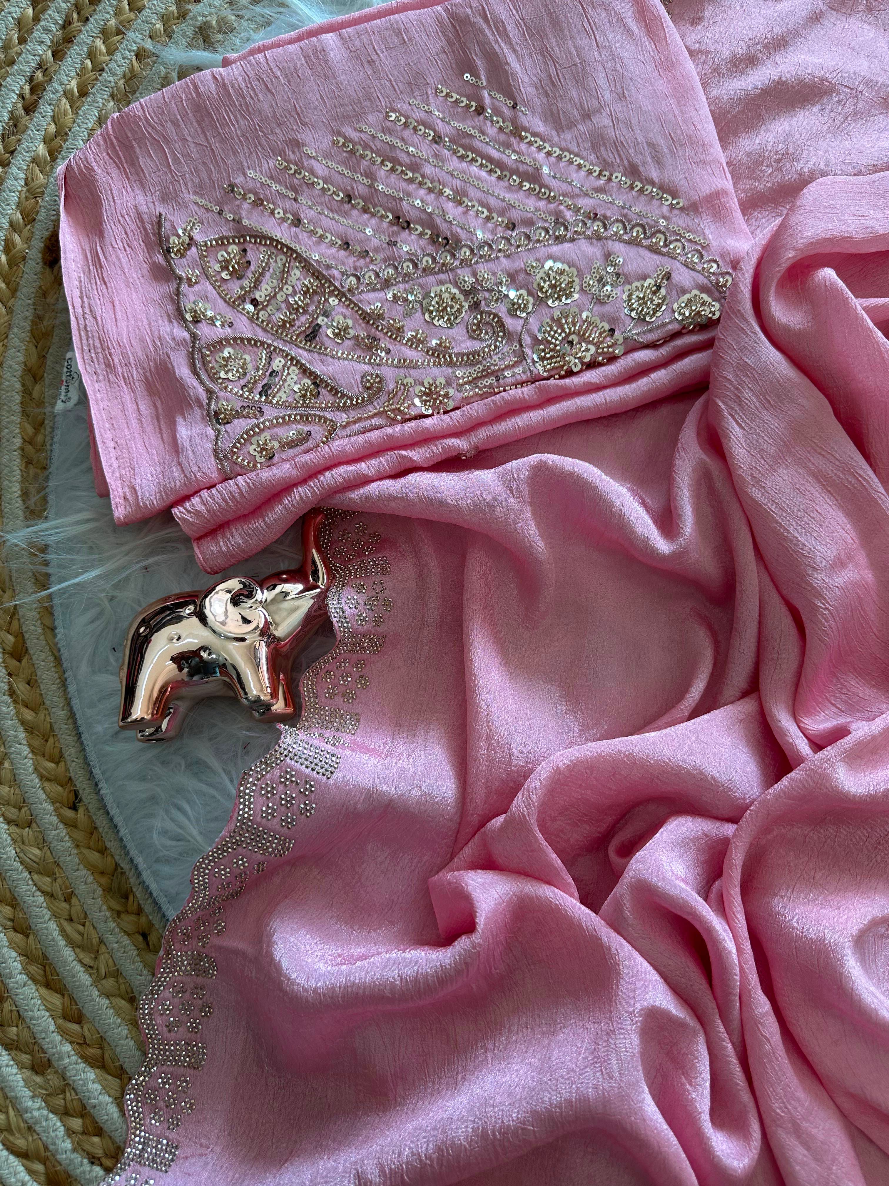 Artisanal Festive Wear Soft Crush Silk Siroski n Diamond Work Fancy Saree With Blouse Piece