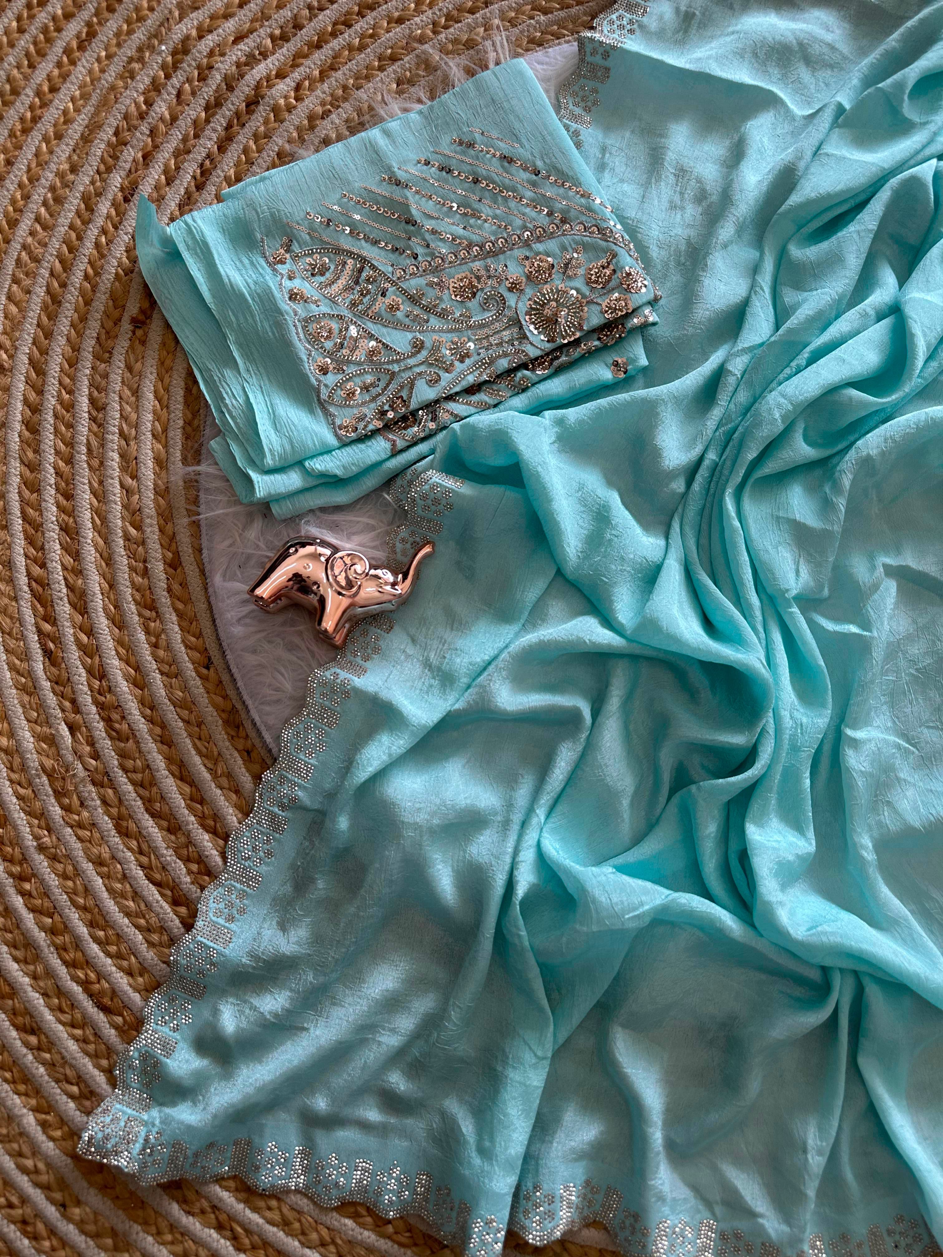 Artisanal Festive Wear Soft Crush Silk Siroski n Diamond Work Fancy Saree With Blouse Piece