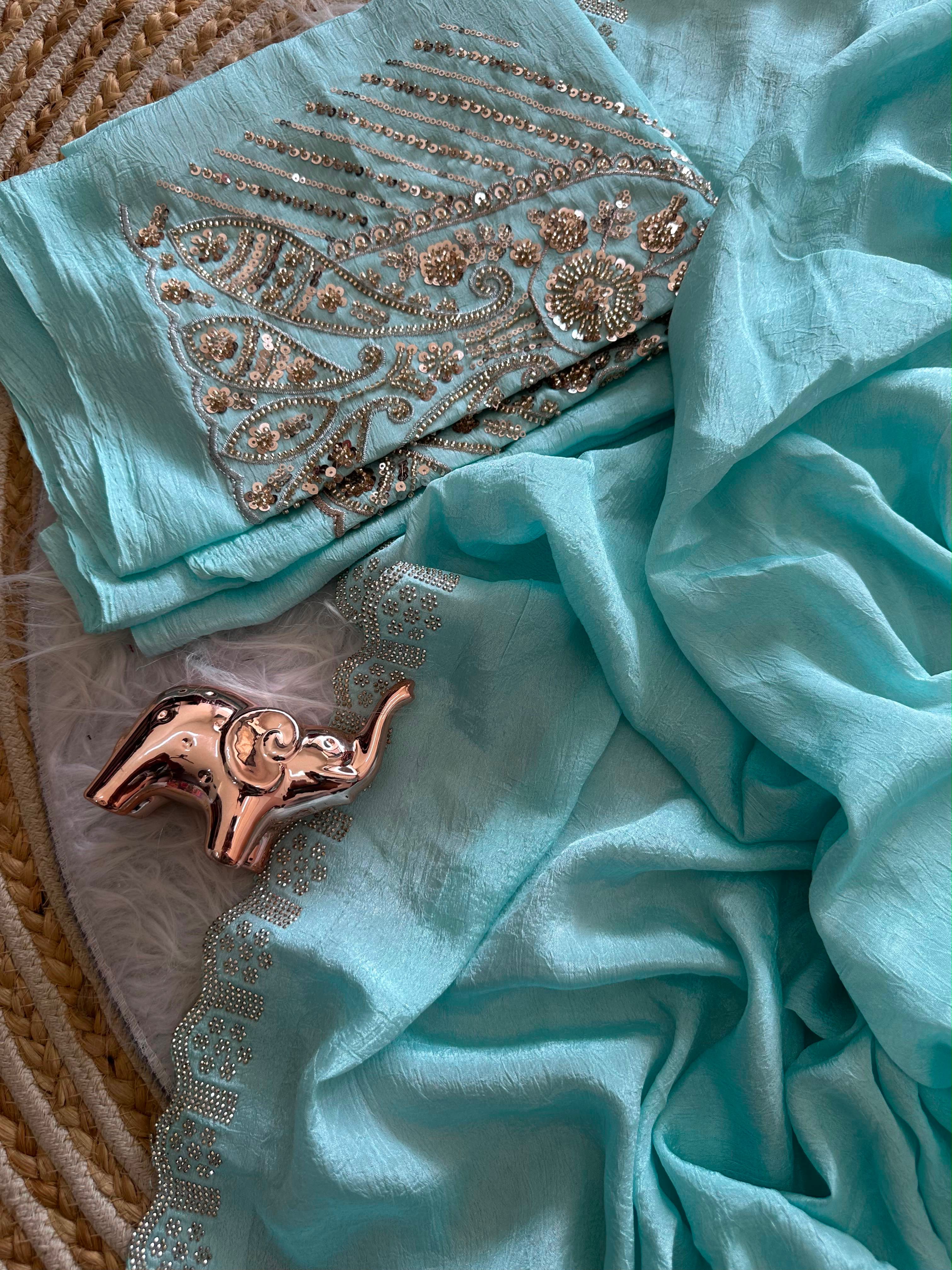 Artisanal Festive Wear Soft Crush Silk Siroski n Diamond Work Fancy Saree With Blouse Piece