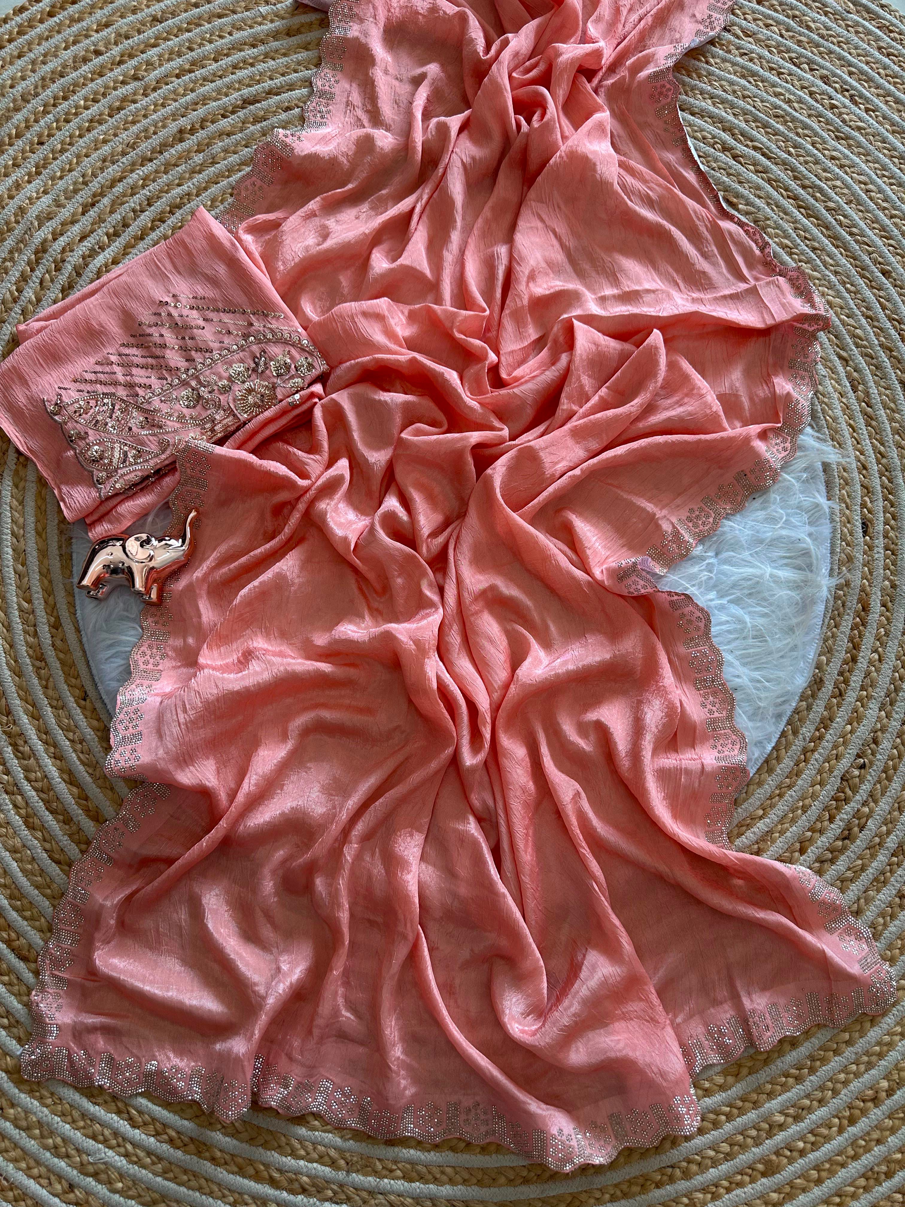Artisanal Festive Wear Soft Crush Silk Siroski n Diamond Work Fancy Saree With Blouse Piece