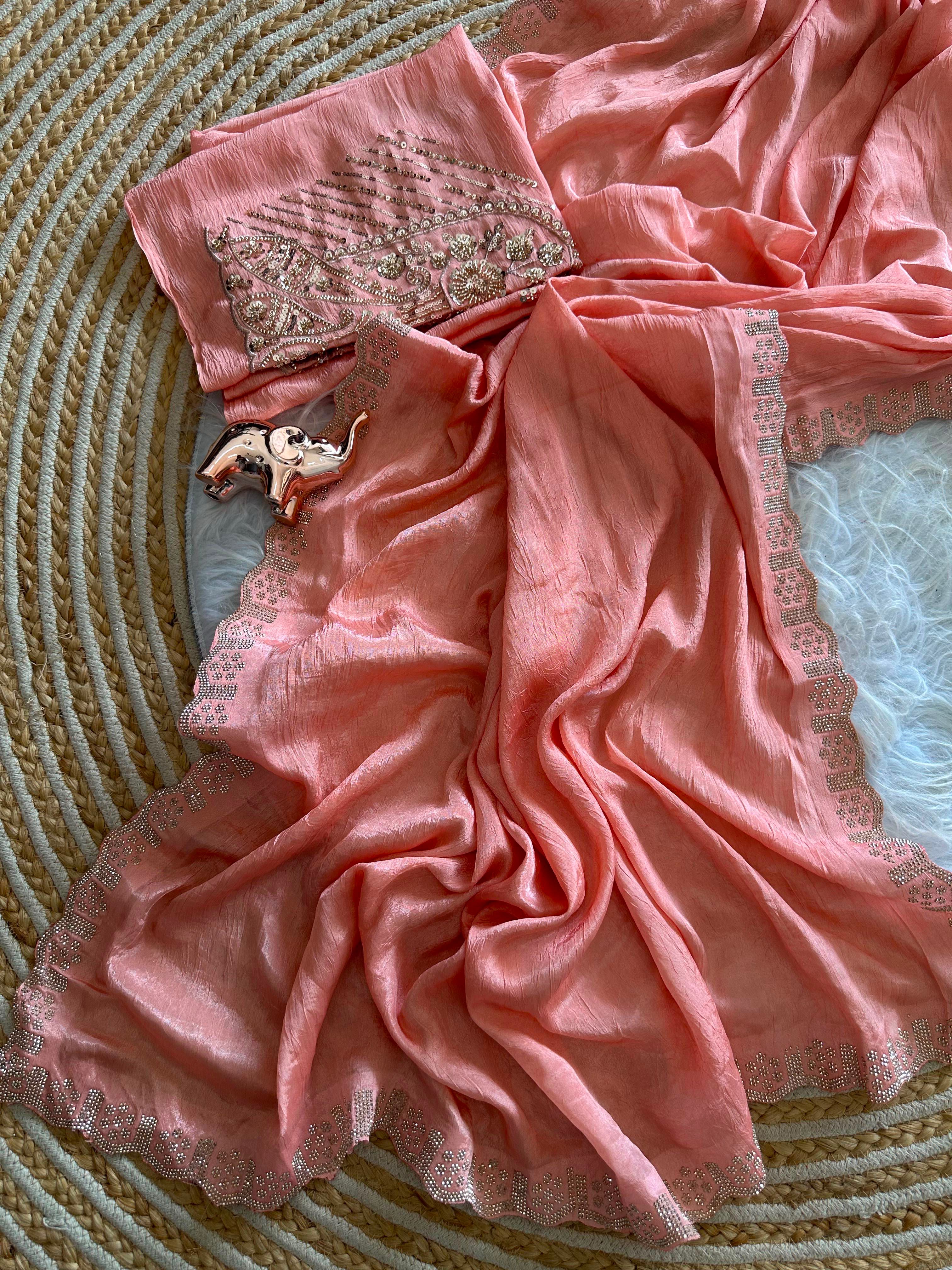 Artisanal Festive Wear Soft Crush Silk Siroski n Diamond Work Fancy Saree With Blouse Piece
