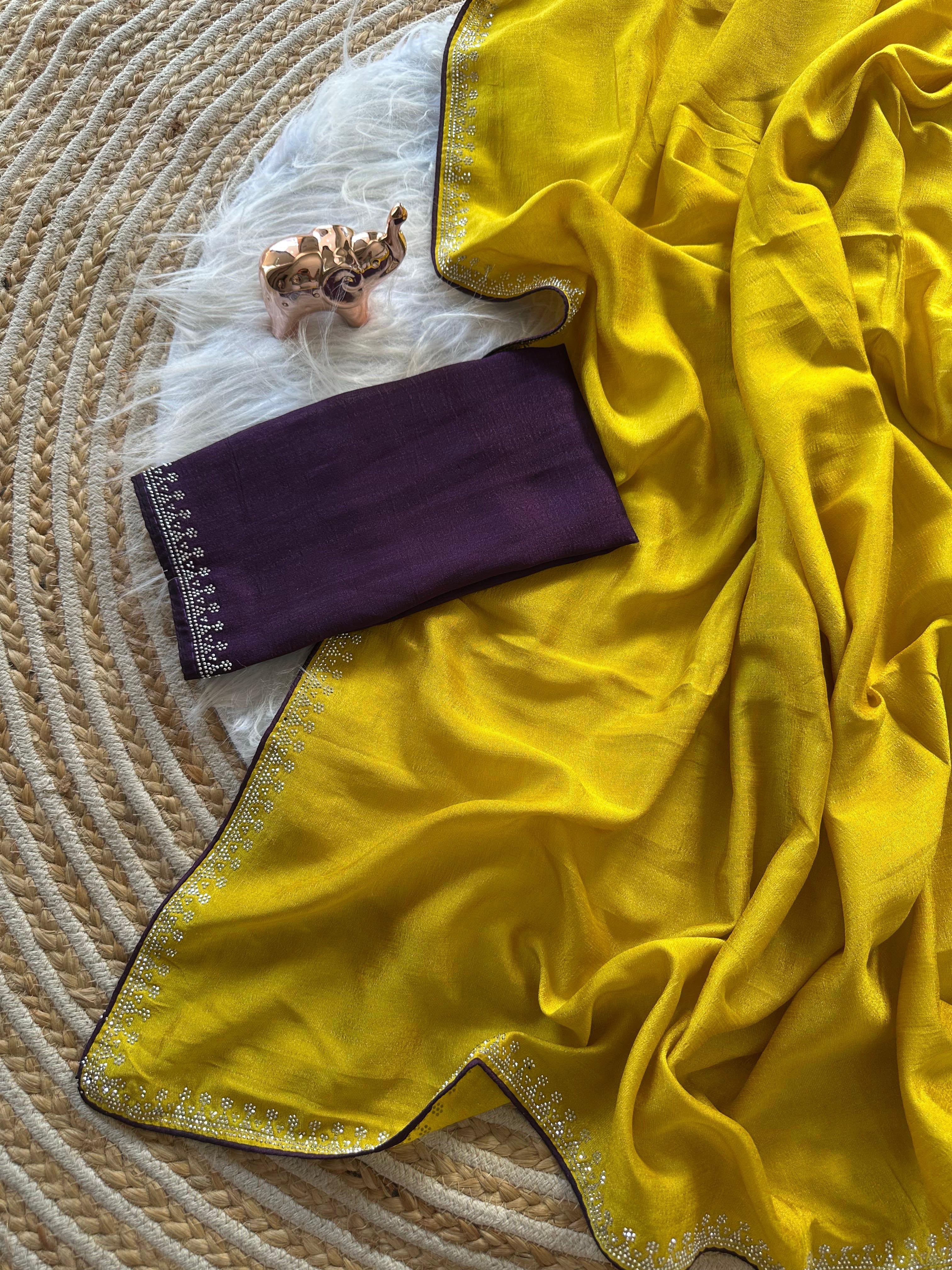 Marvellous Function Wear Soft Vichitra Silk Embroidered n Siroski Work Designer Saree With Contrast Blouse Piece