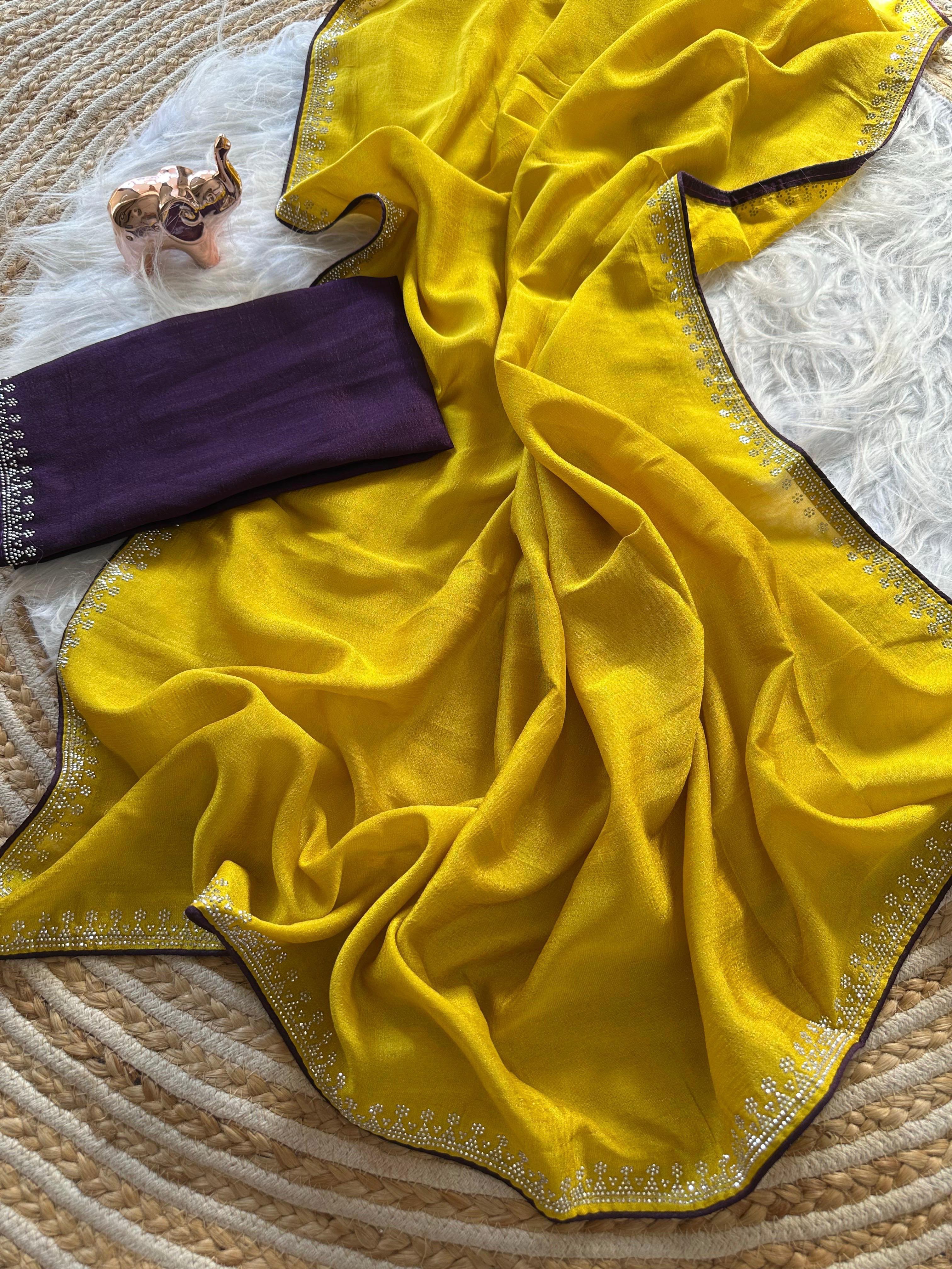 Marvellous Function Wear Soft Vichitra Silk Embroidered n Siroski Work Designer Saree With Contrast Blouse Piece