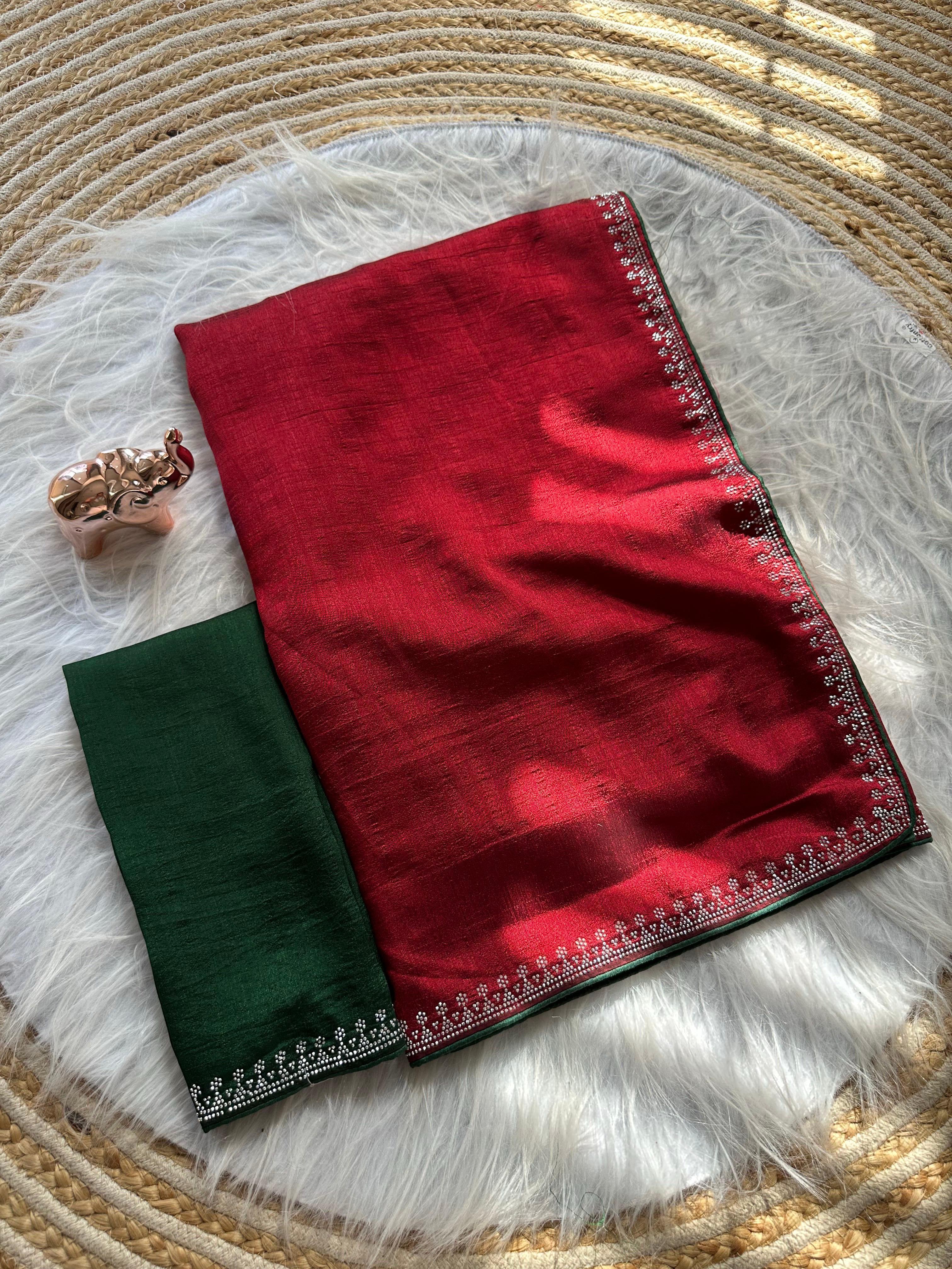 Marvellous Function Wear Soft Vichitra Silk Embroidered n Siroski Work Designer Saree With Contrast Blouse Piece