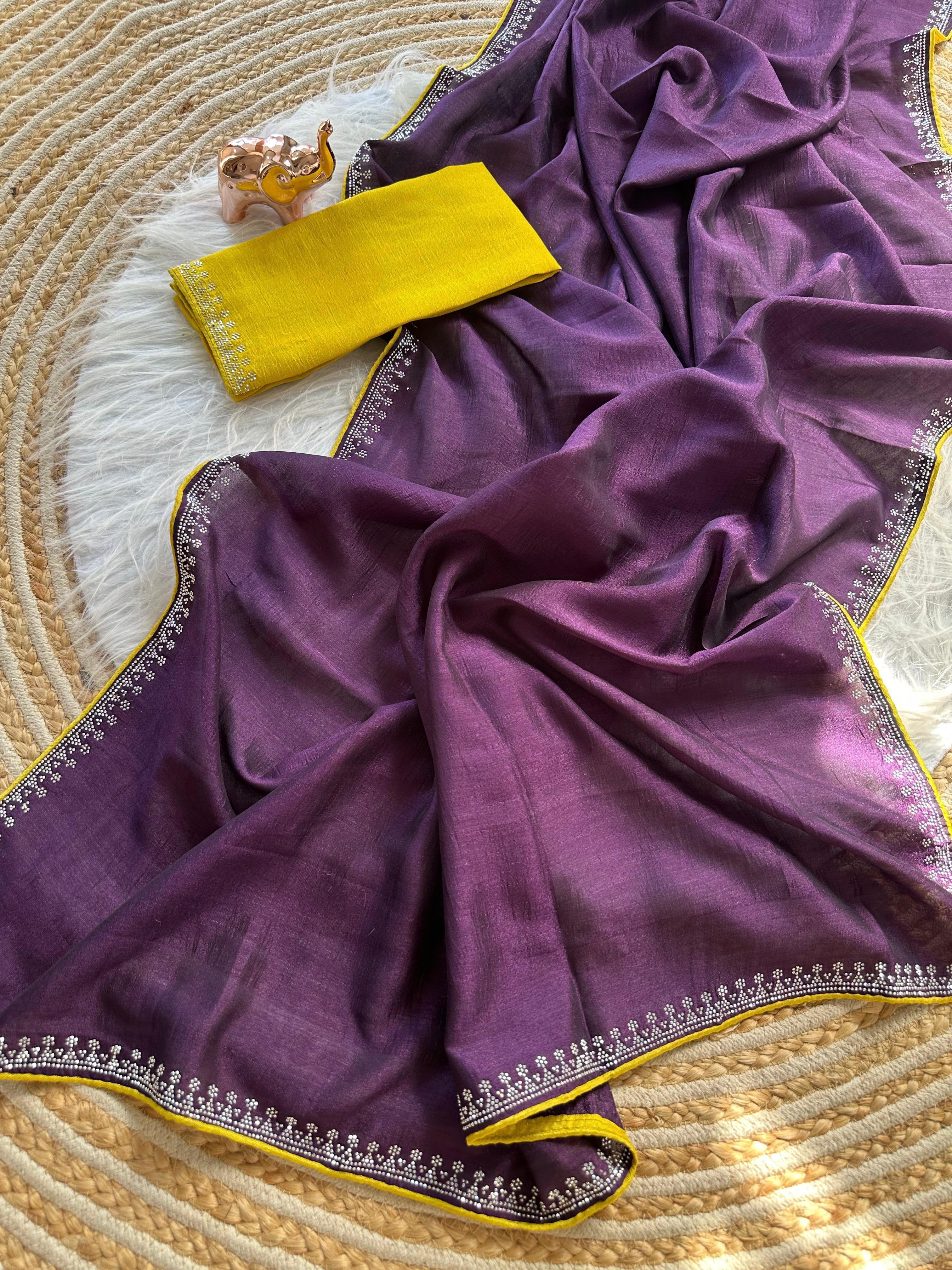 Marvellous Function Wear Soft Vichitra Silk Embroidered n Siroski Work Designer Saree With Contrast Blouse Piece