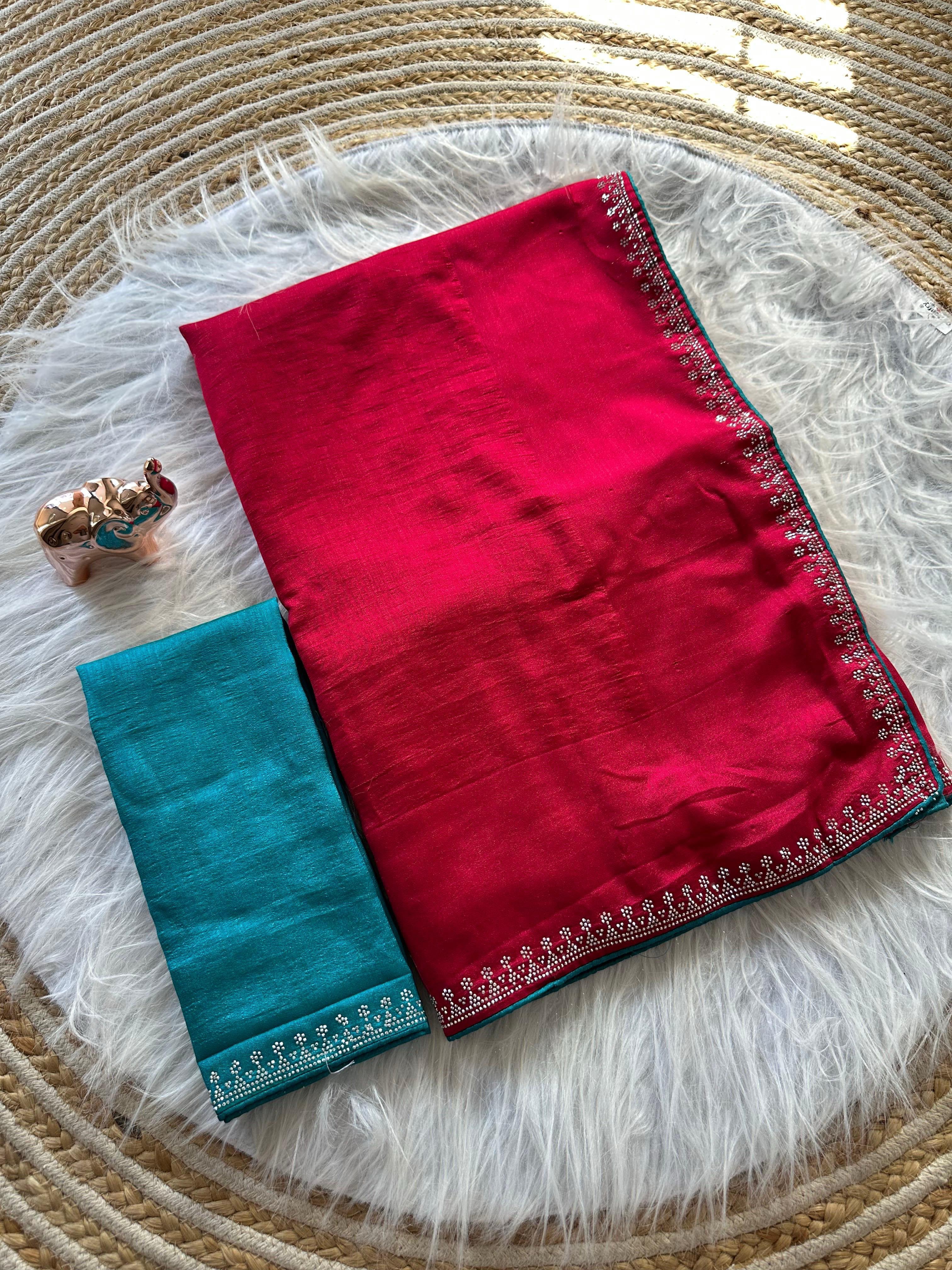 Marvellous Function Wear Soft Vichitra Silk Embroidered n Siroski Work Designer Saree With Contrast Blouse Piece