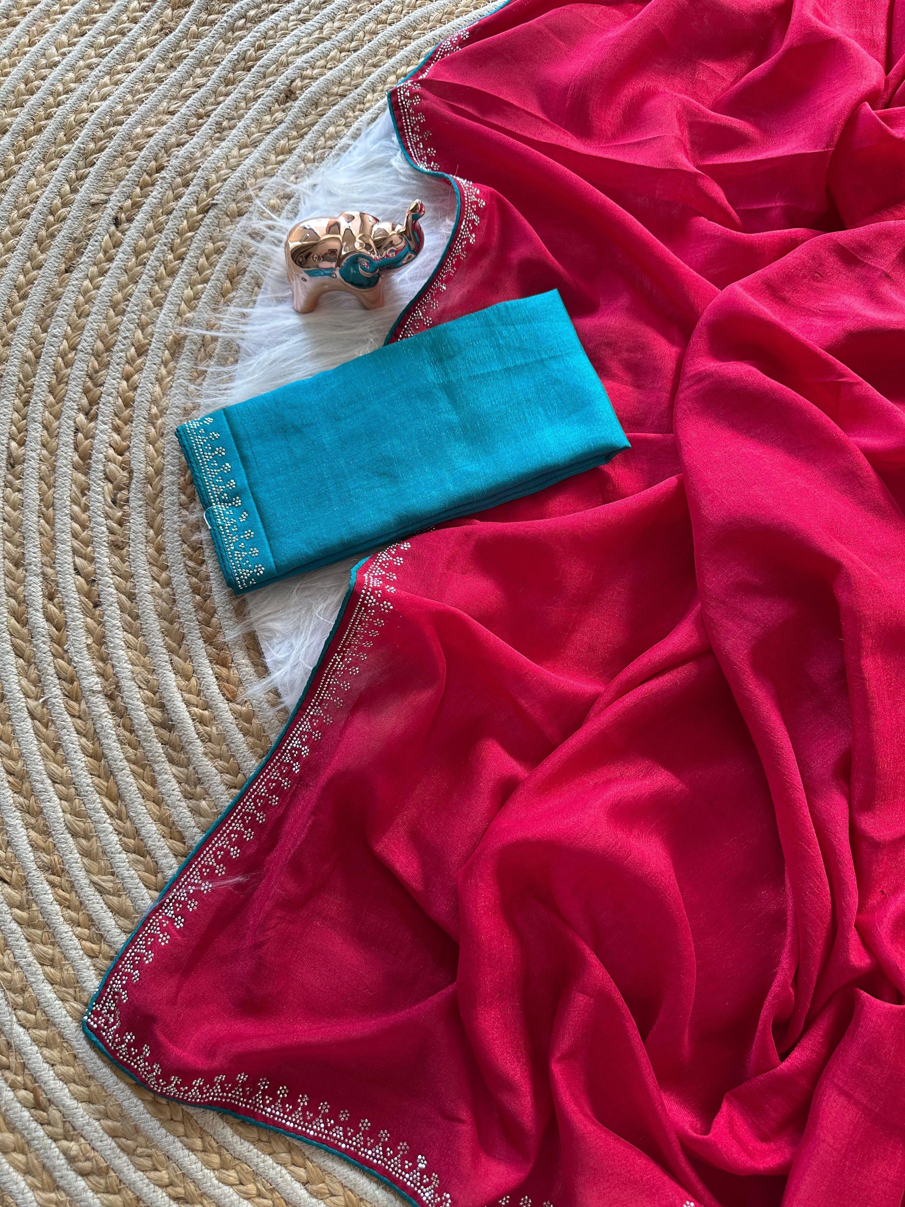 Marvellous Function Wear Soft Vichitra Silk Embroidered n Siroski Work Designer Saree With Contrast Blouse Piece