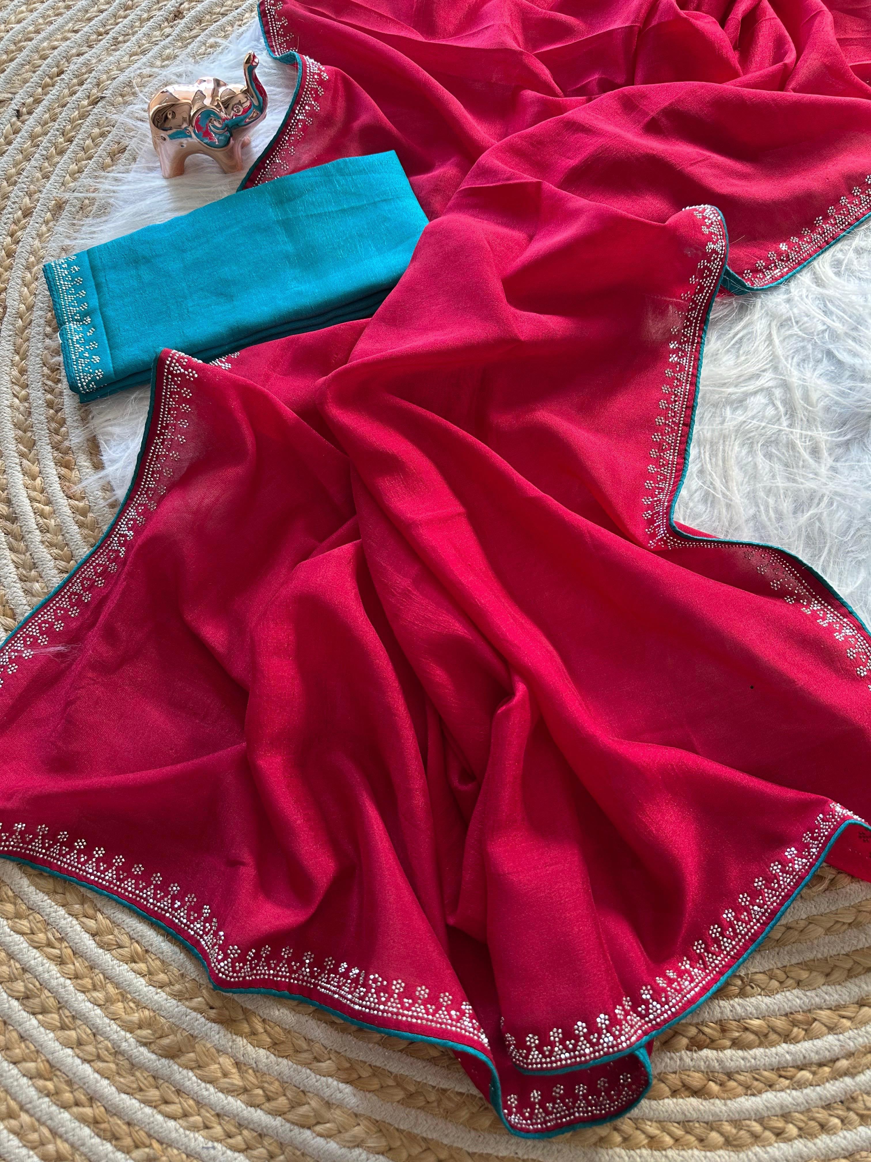Marvellous Function Wear Soft Vichitra Silk Embroidered n Siroski Work Designer Saree With Contrast Blouse Piece