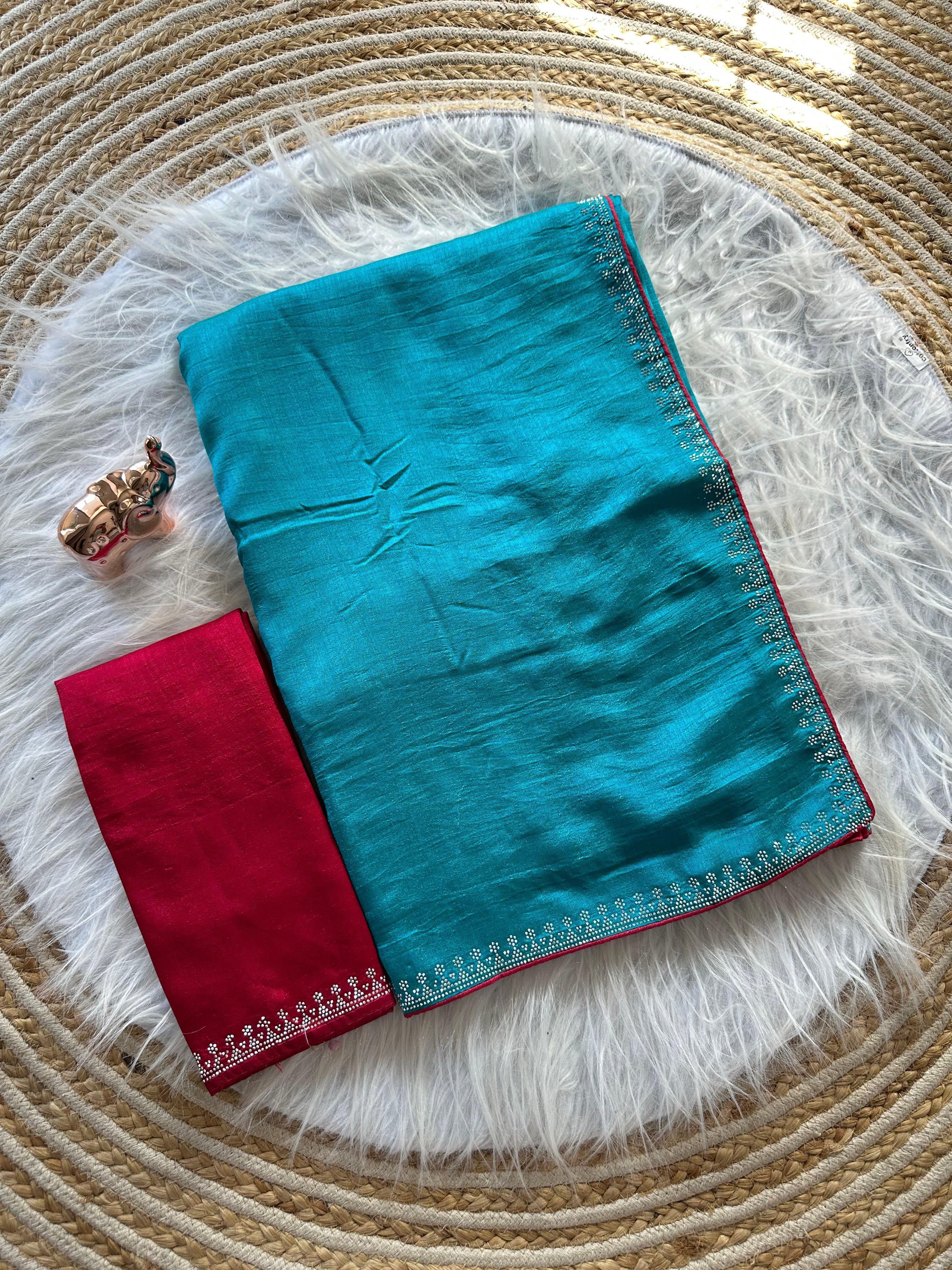Marvellous Function Wear Soft Vichitra Silk Embroidered n Siroski Work Designer Saree With Contrast Blouse Piece
