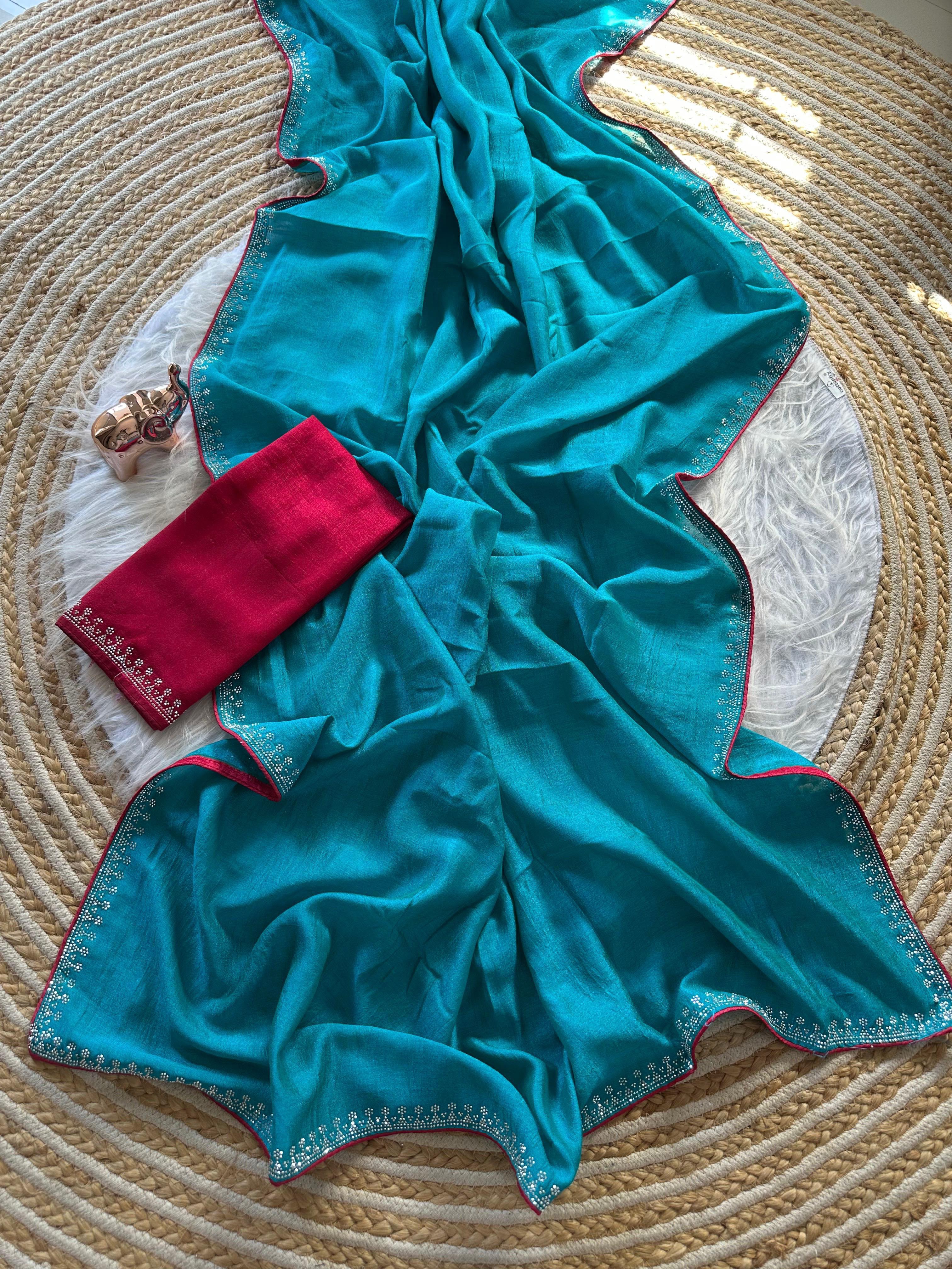 Marvellous Function Wear Soft Vichitra Silk Embroidered n Siroski Work Designer Saree With Contrast Blouse Piece