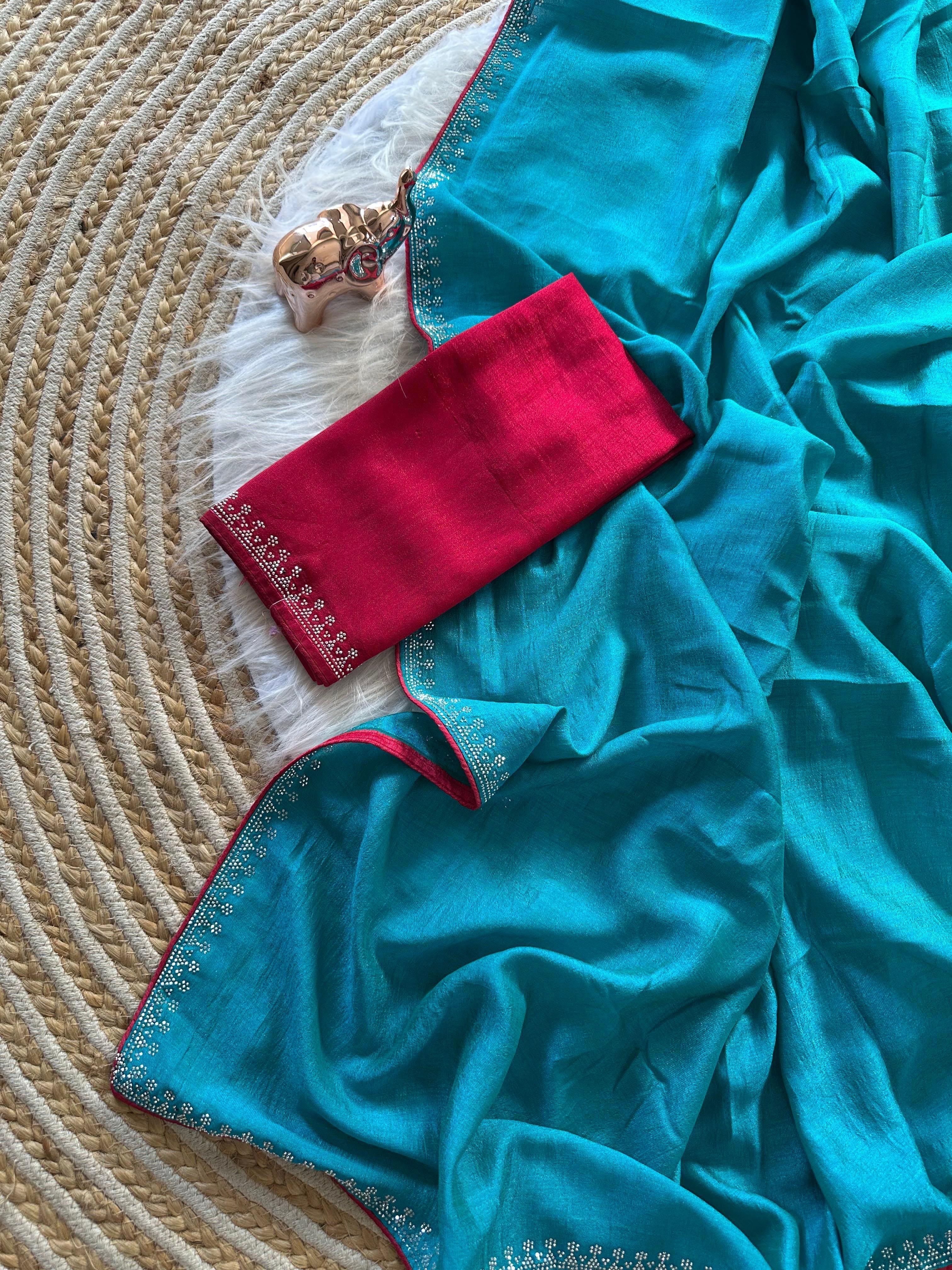 Marvellous Function Wear Soft Vichitra Silk Embroidered n Siroski Work Designer Saree With Contrast Blouse Piece