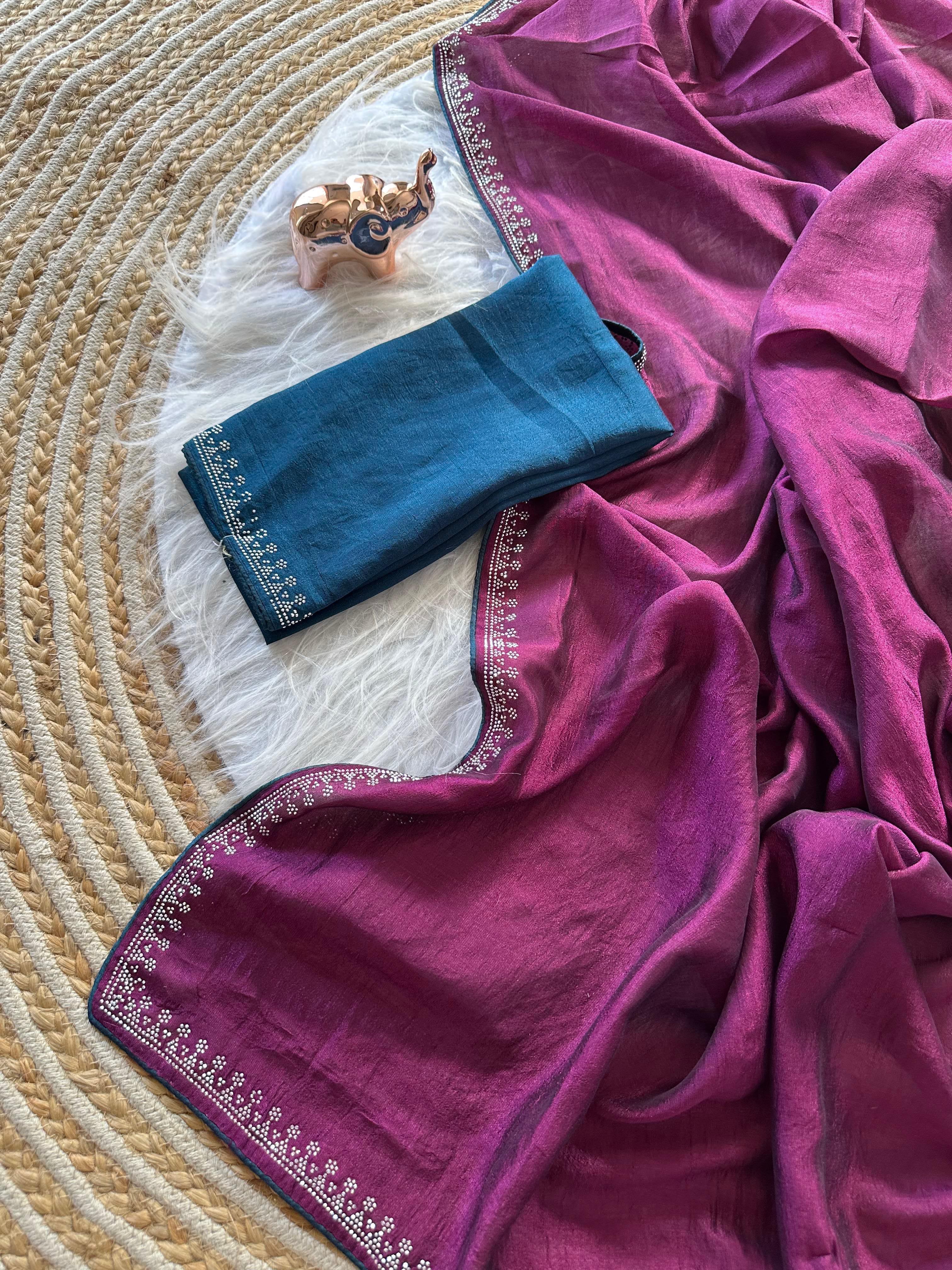 Marvellous Function Wear Soft Vichitra Silk Embroidered n Siroski Work Designer Saree With Contrast Blouse Piece