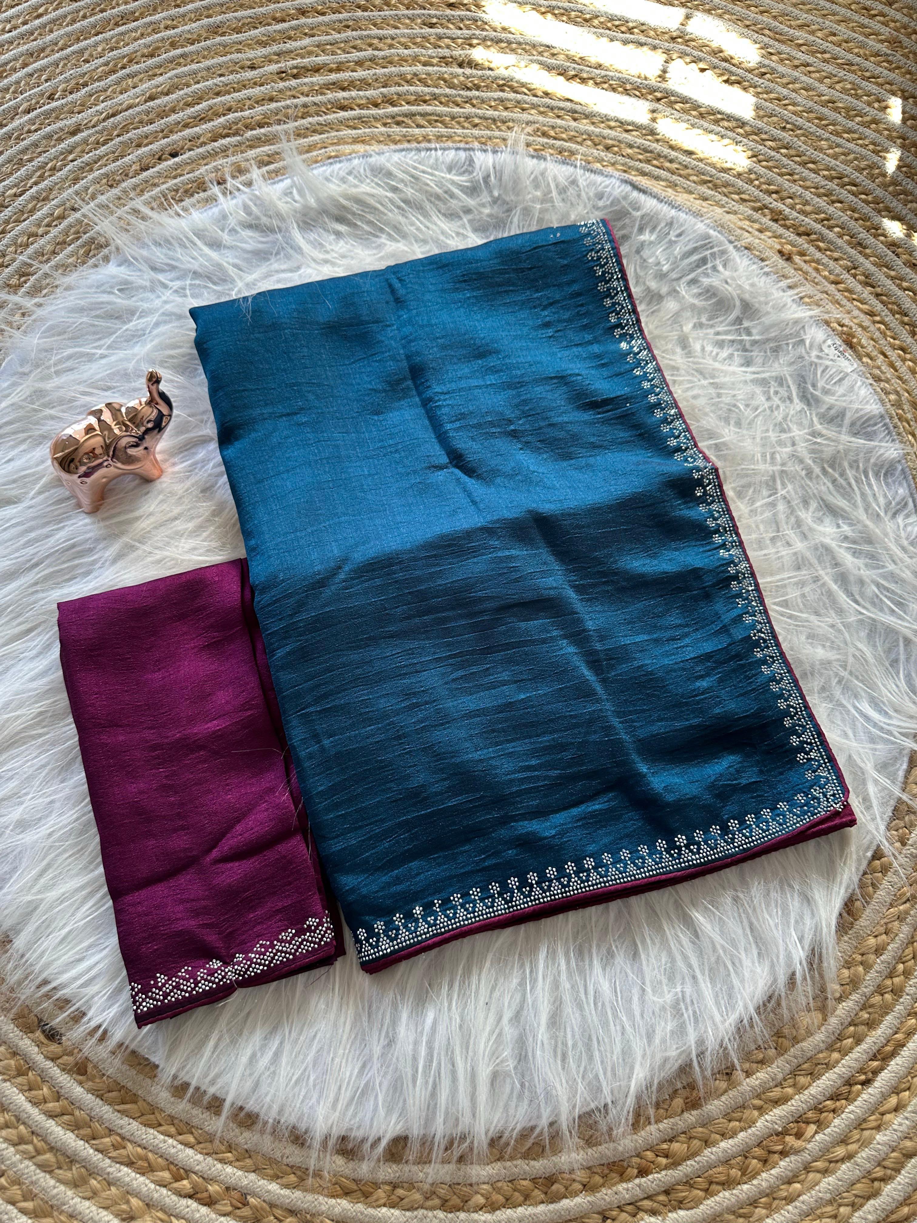 Marvellous Function Wear Soft Vichitra Silk Embroidered n Siroski Work Designer Saree With Contrast Blouse Piece