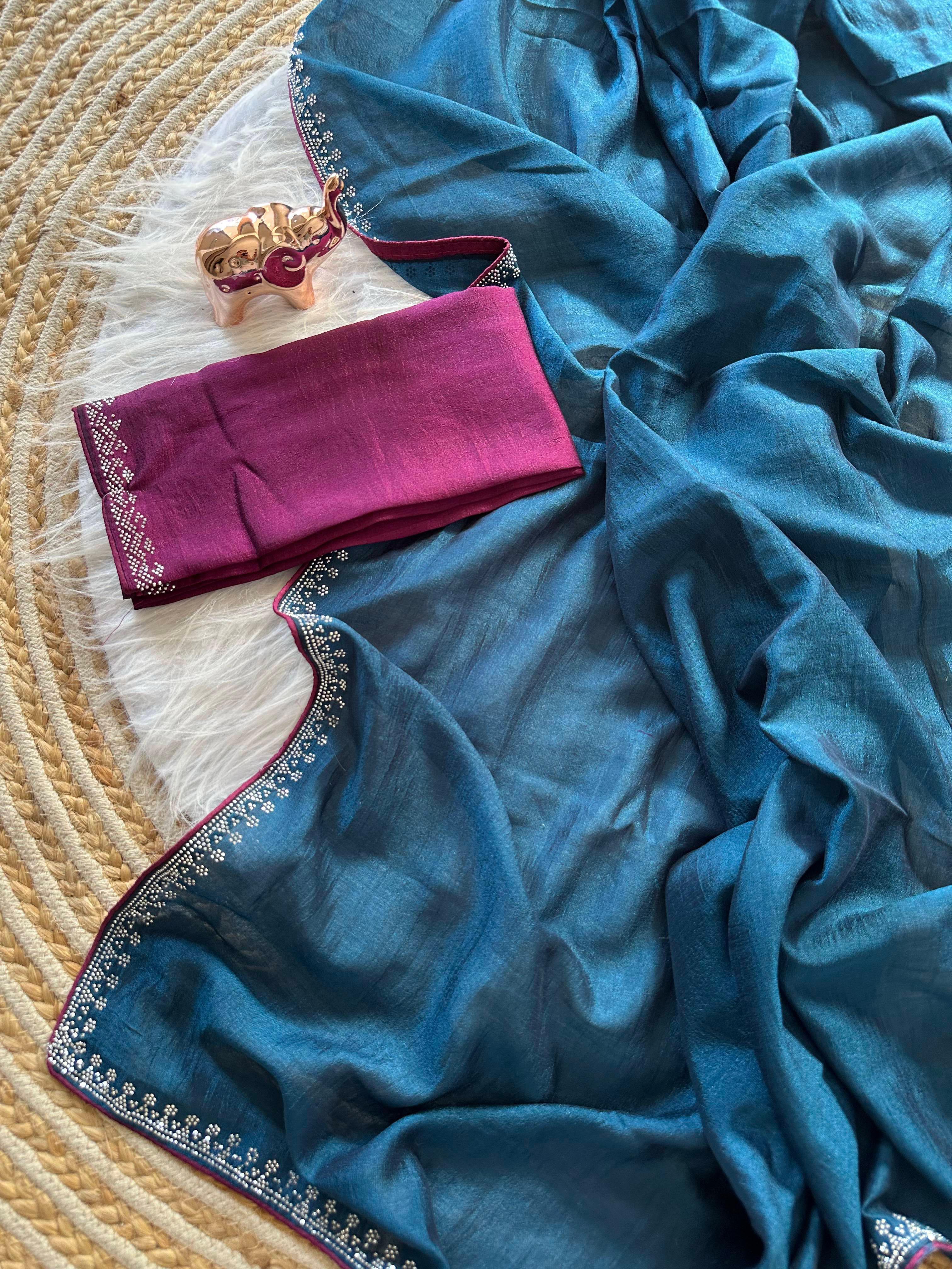 Marvellous Function Wear Soft Vichitra Silk Embroidered n Siroski Work Designer Saree With Contrast Blouse Piece