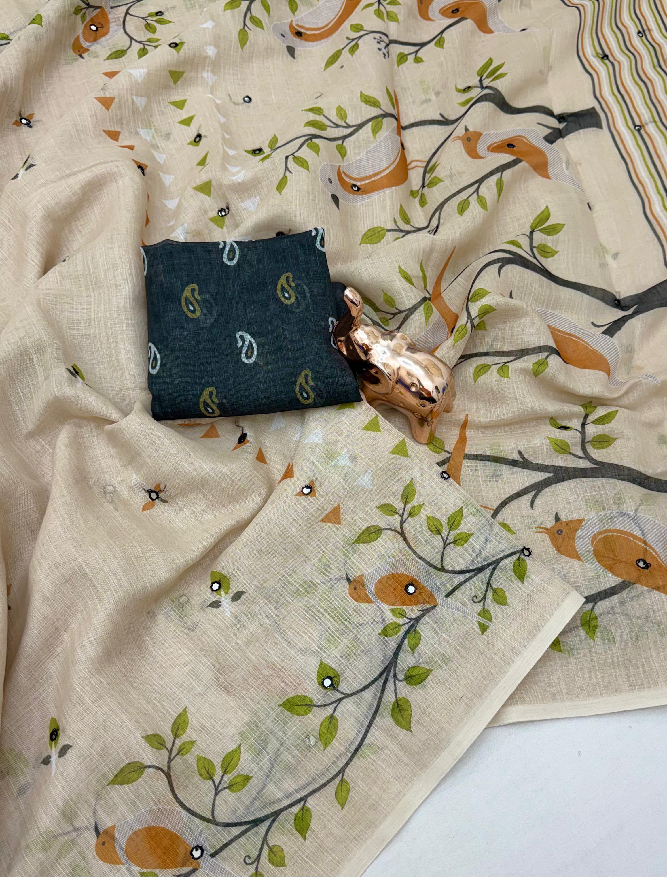 Adorable Function Wear Silk Kalamkari Print n Aari Mirror Work Rich Pallu Fancy Saree With Contrast Blouse Piece