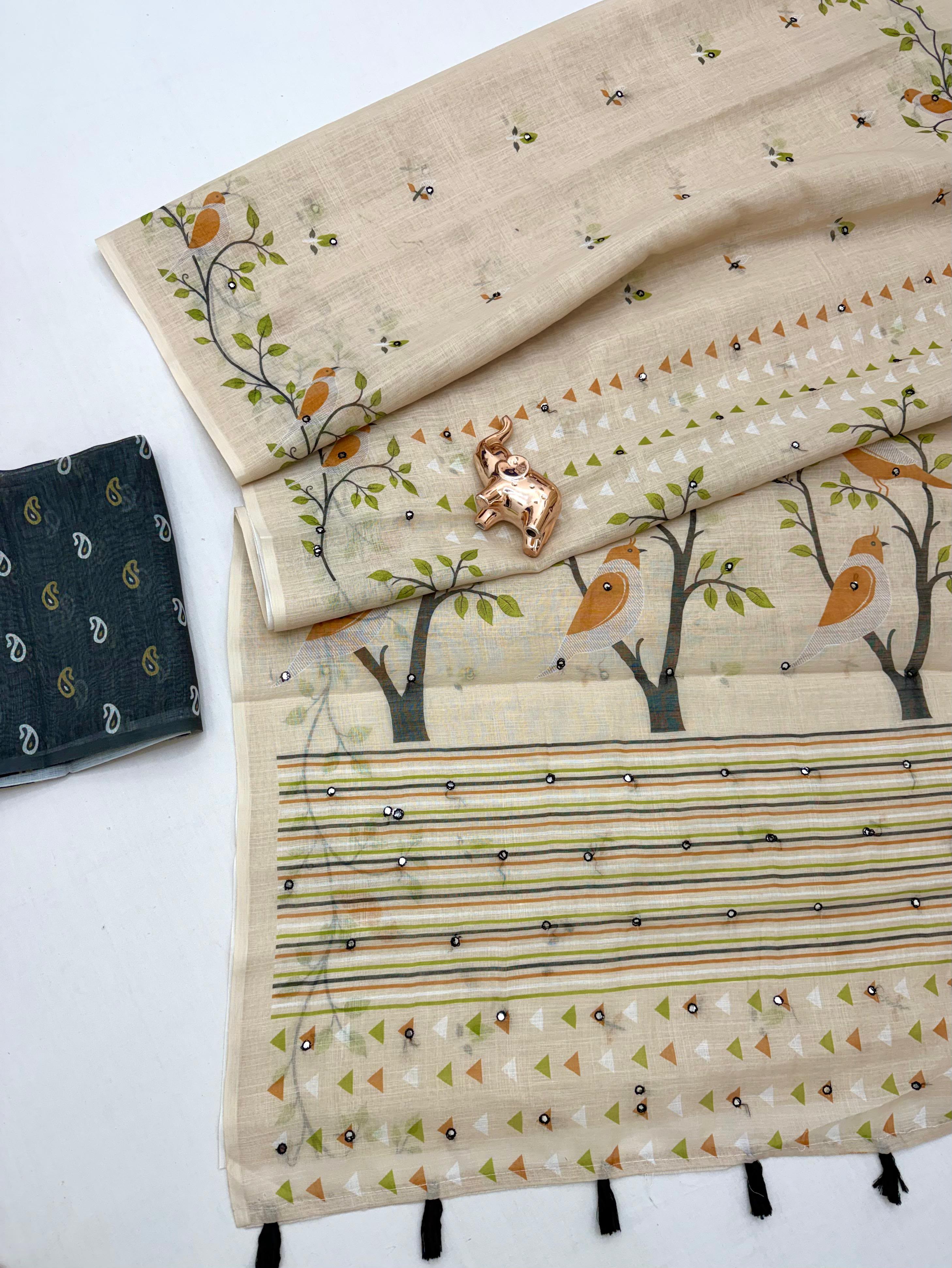 Adorable Function Wear Silk Kalamkari Print n Aari Mirror Work Rich Pallu Fancy Saree With Contrast Blouse Piece