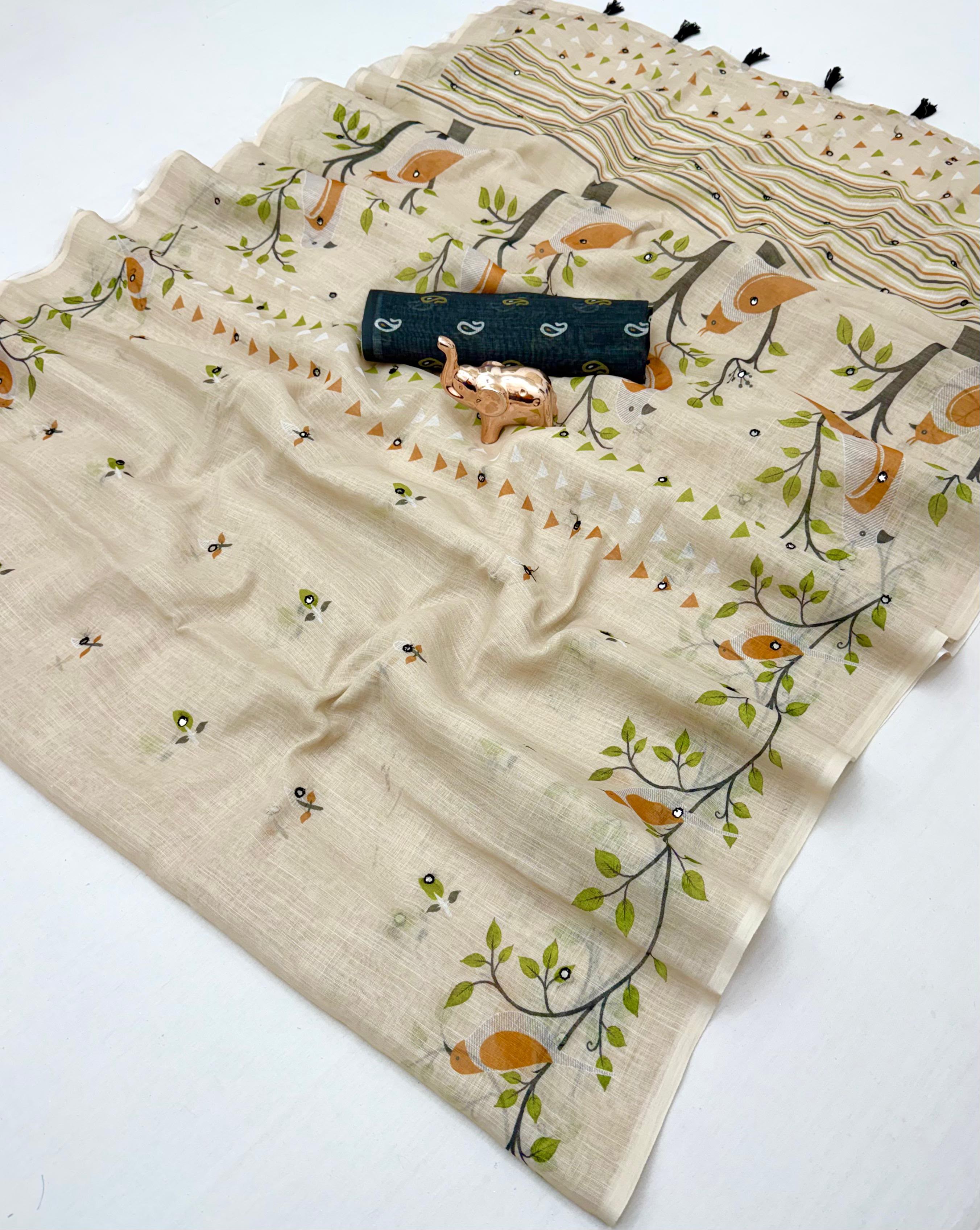 Adorable Function Wear Silk Kalamkari Print n Aari Mirror Work Rich Pallu Fancy Saree With Contrast Blouse Piece