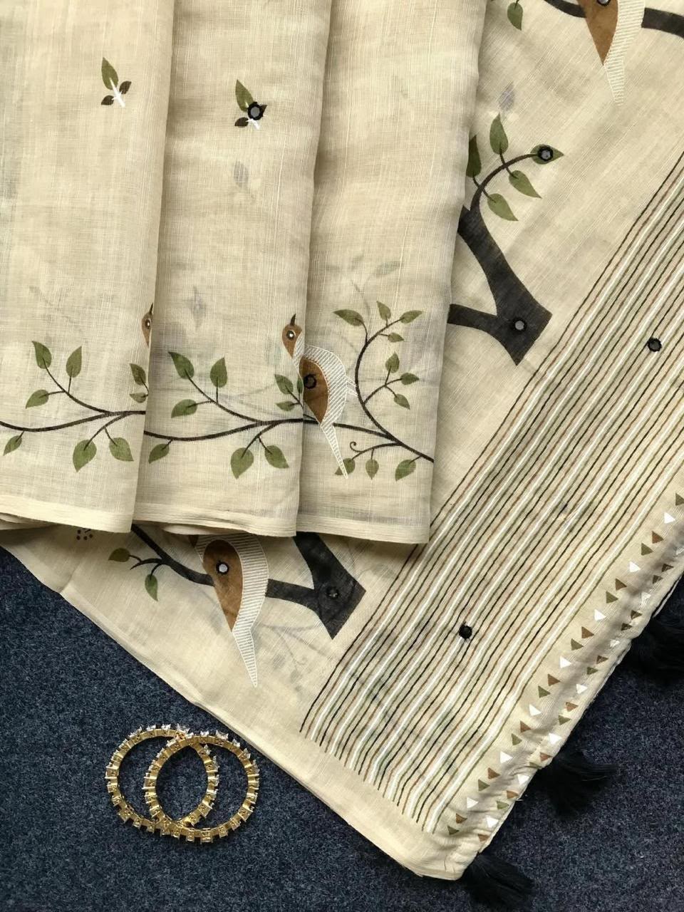 Adorable Function Wear Silk Kalamkari Print n Aari Mirror Work Rich Pallu Fancy Saree With Contrast Blouse Piece