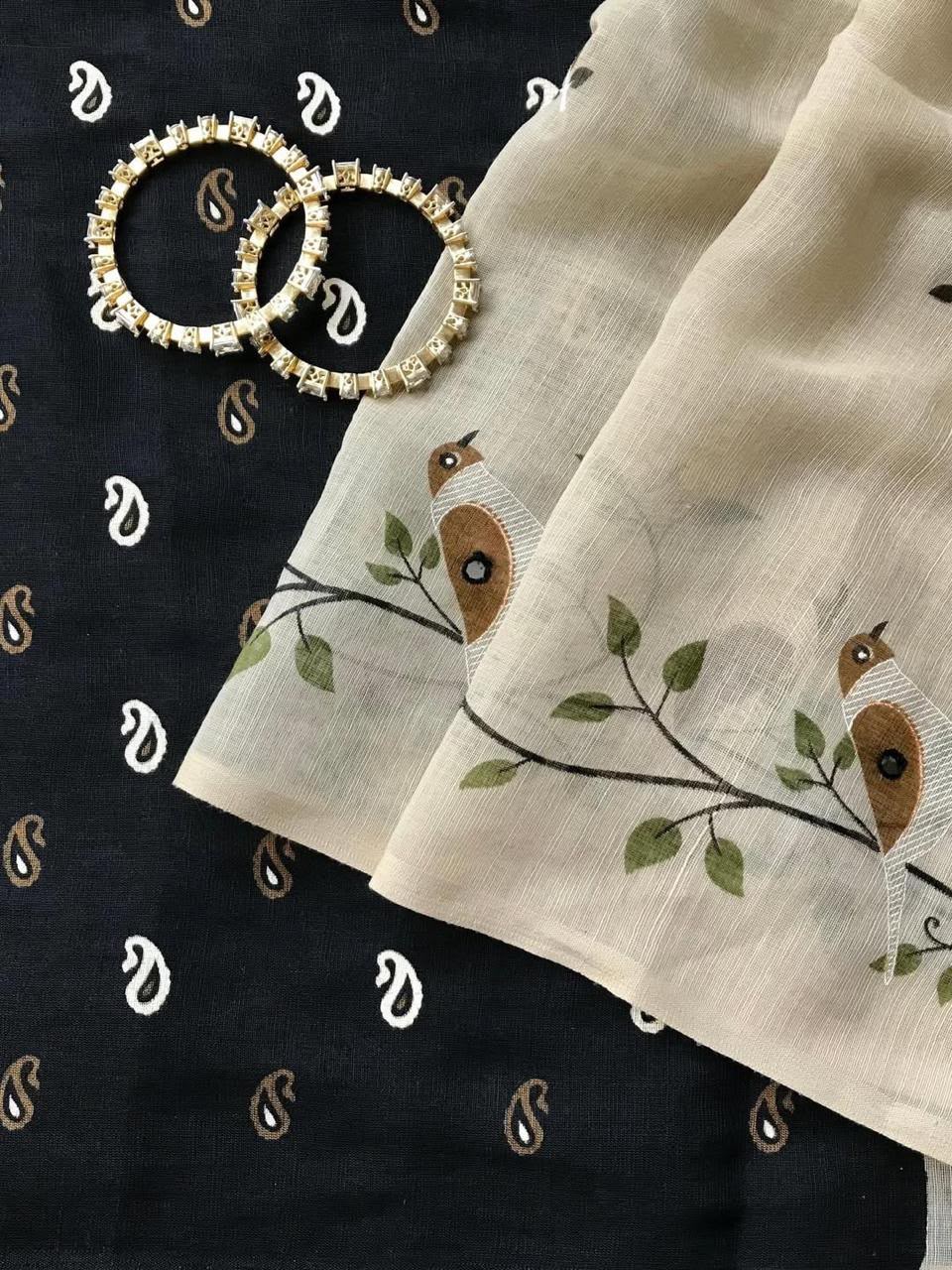 Adorable Function Wear Silk Kalamkari Print n Aari Mirror Work Rich Pallu Fancy Saree With Contrast Blouse Piece