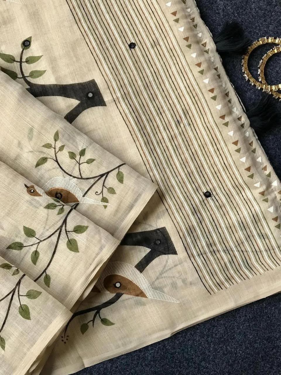 Adorable Function Wear Silk Kalamkari Print n Aari Mirror Work Rich Pallu Fancy Saree With Contrast Blouse Piece