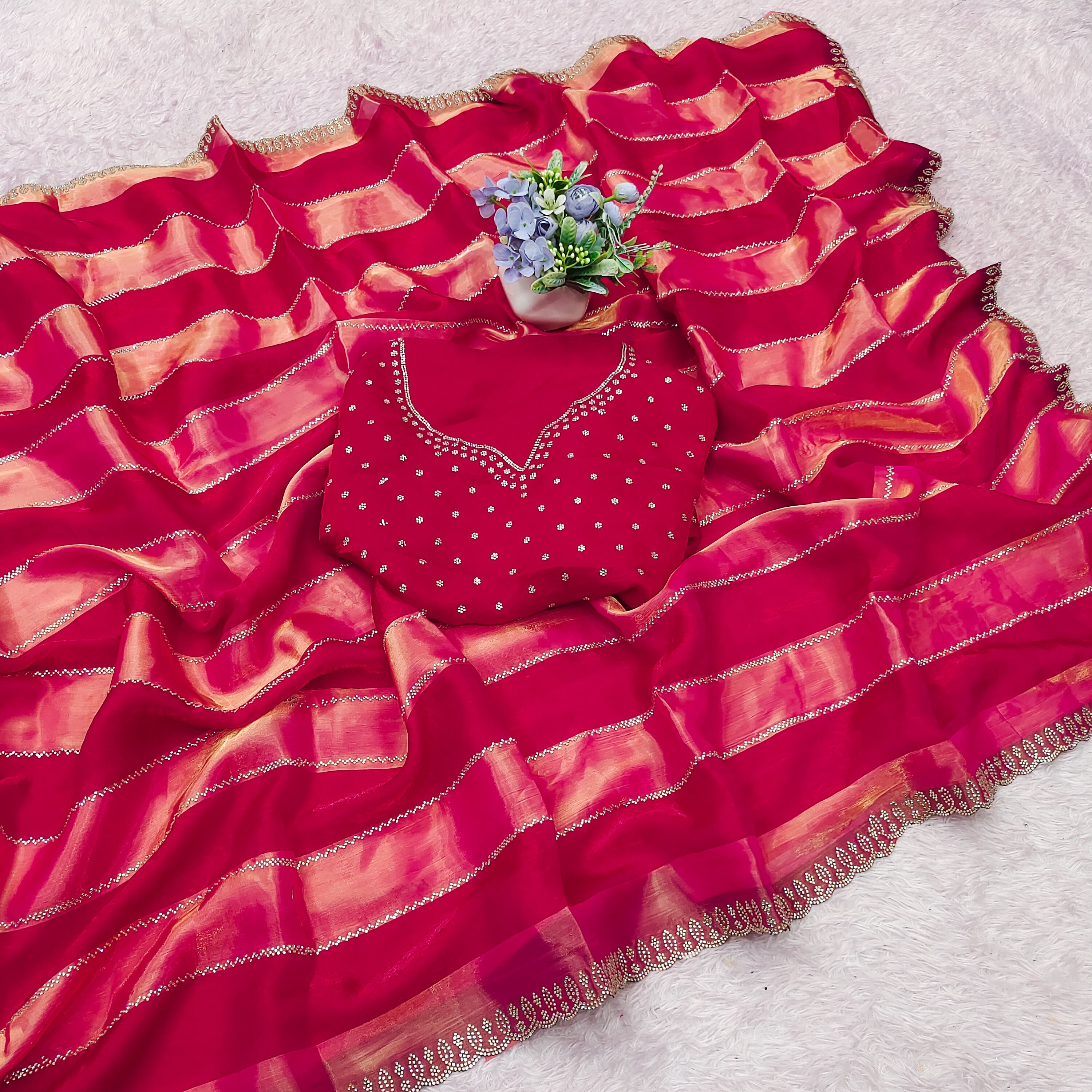Exuberant Party Wear Soft Silk Jarkhan Work Designer Saree With Unstitched Blouse