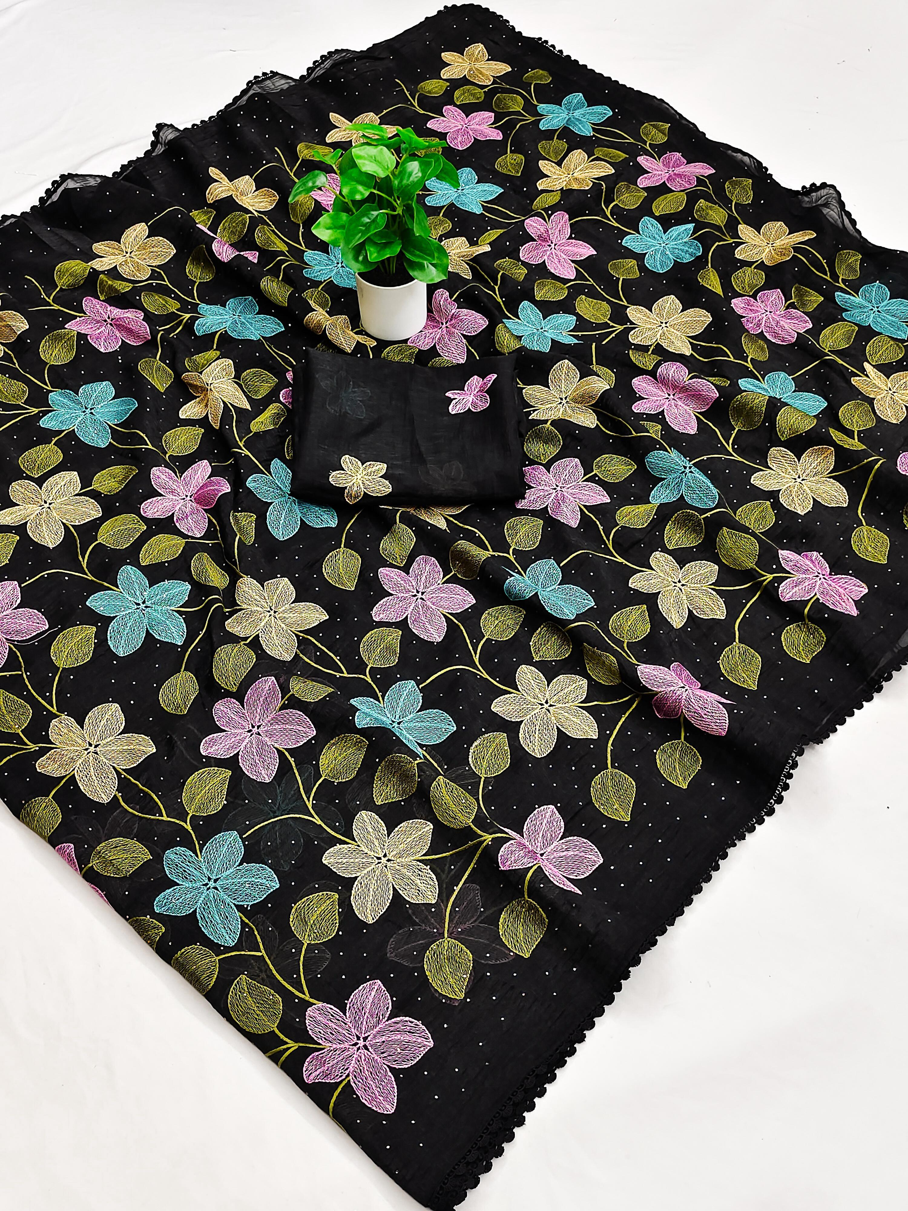 Delightful Festive Wear Viscose Crunchy Silk Embroidery Thread n Siroski Work Fancy Saree With Contrast Blouse Piece