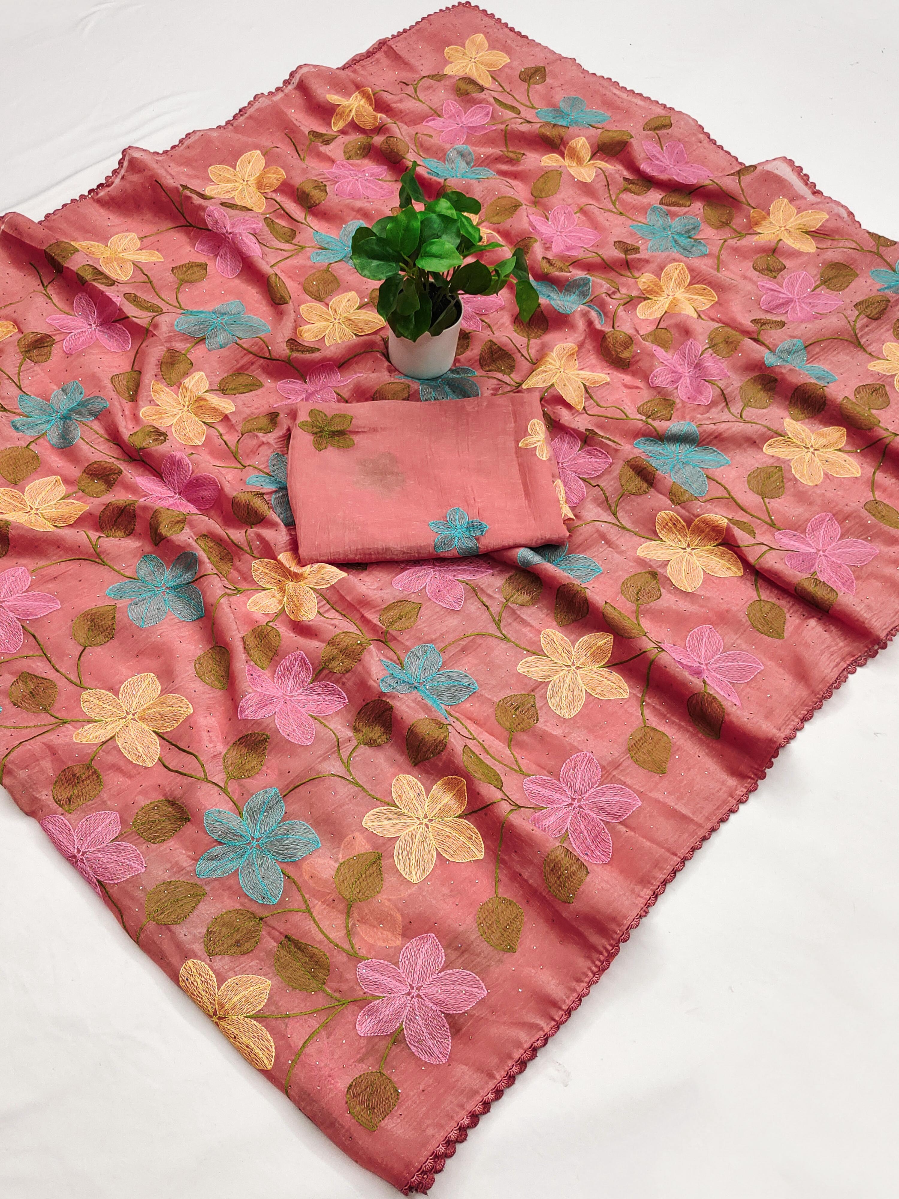 Delightful Festive Wear Viscose Crunchy Silk Embroidery Thread n Siroski Work Fancy Saree With Contrast Blouse Piece