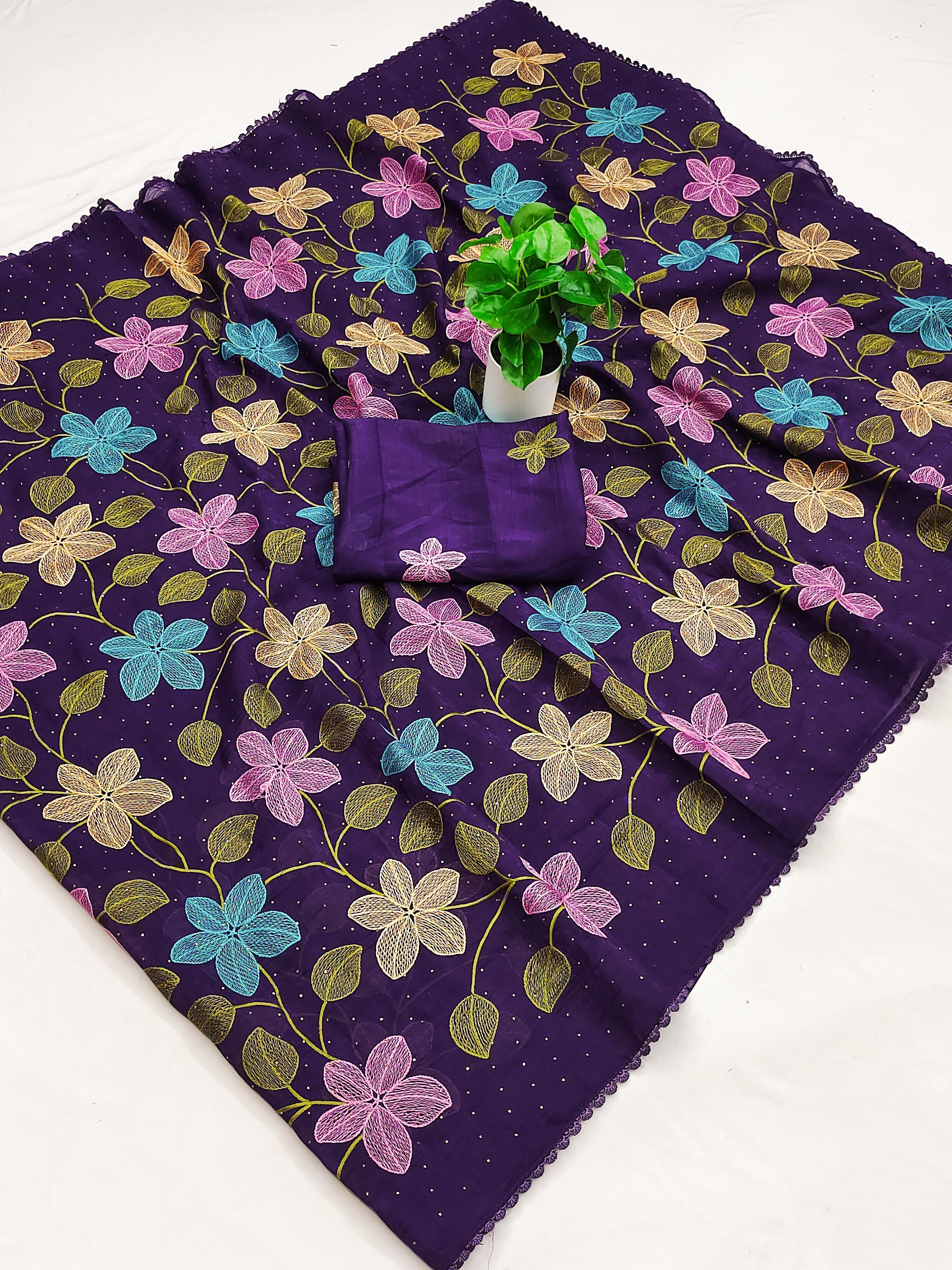 Delightful Festive Wear Viscose Crunchy Silk Embroidery Thread n Siroski Work Fancy Saree With Contrast Blouse Piece