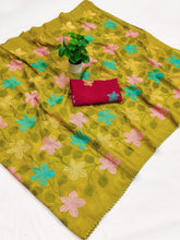 Load image into Gallery viewer, Delightful Festive Wear Viscose Crunchy Silk Embroidery Thread n Siroski Work Fancy Saree With Contrast Blouse Piece
