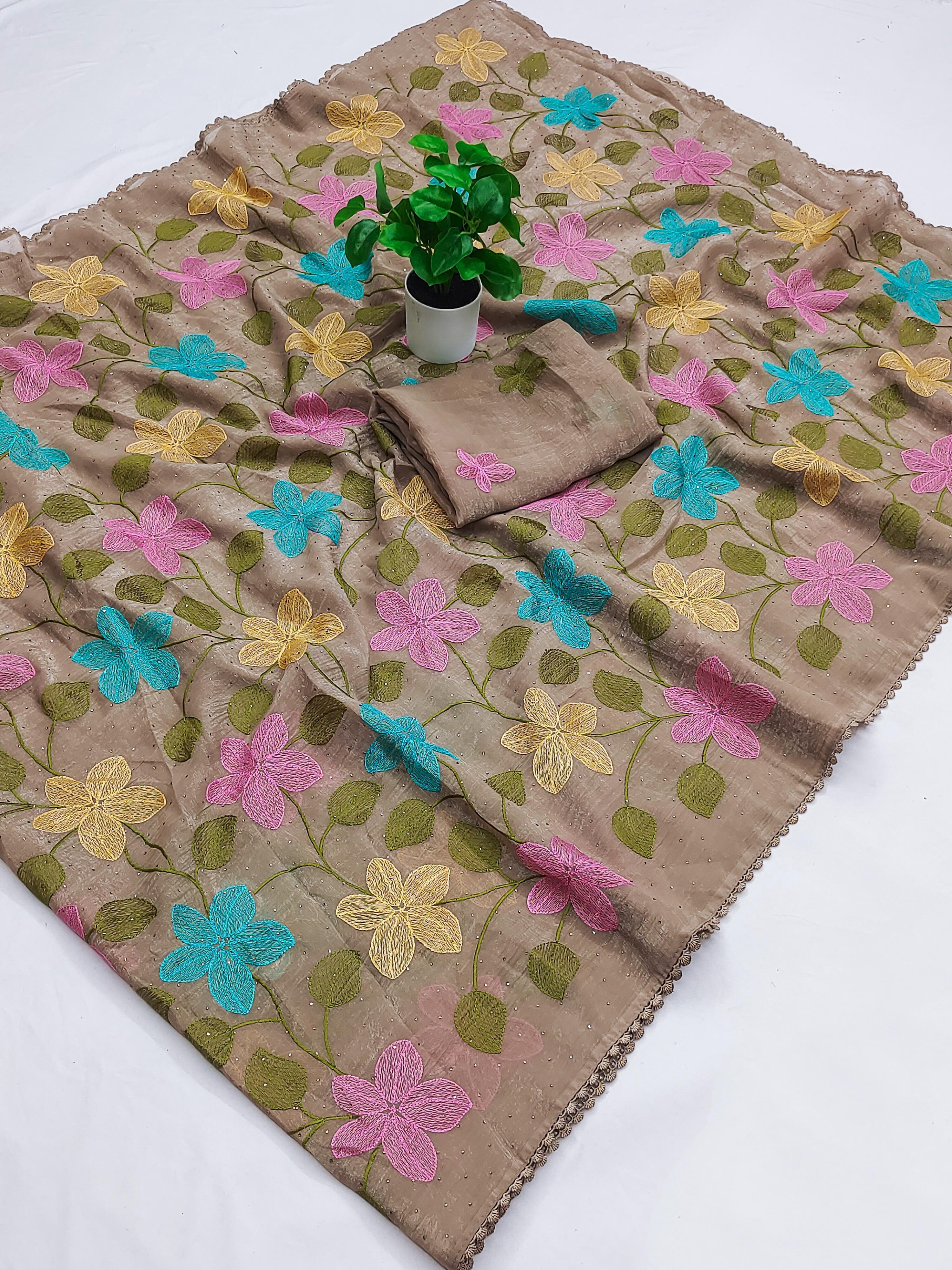 Delightful Festive Wear Viscose Crunchy Silk Embroidery Thread n Siroski Work Fancy Saree With Contrast Blouse Piece