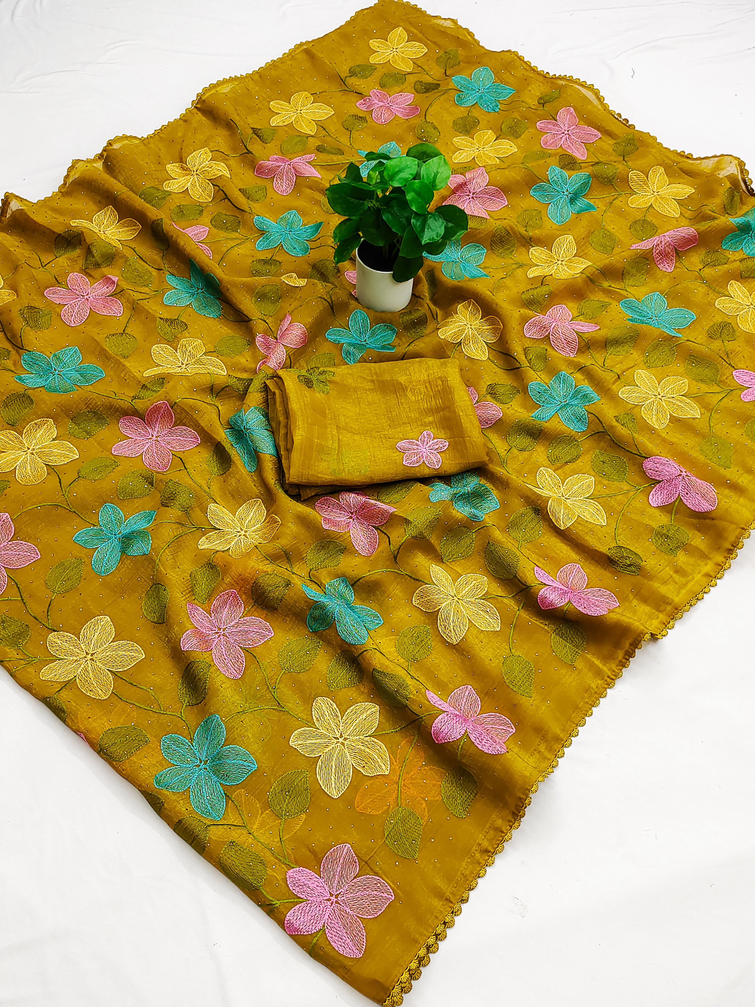 Delightful Festive Wear Viscose Crunchy Silk Embroidery Thread n Siroski Work Fancy Saree With Contrast Blouse Piece