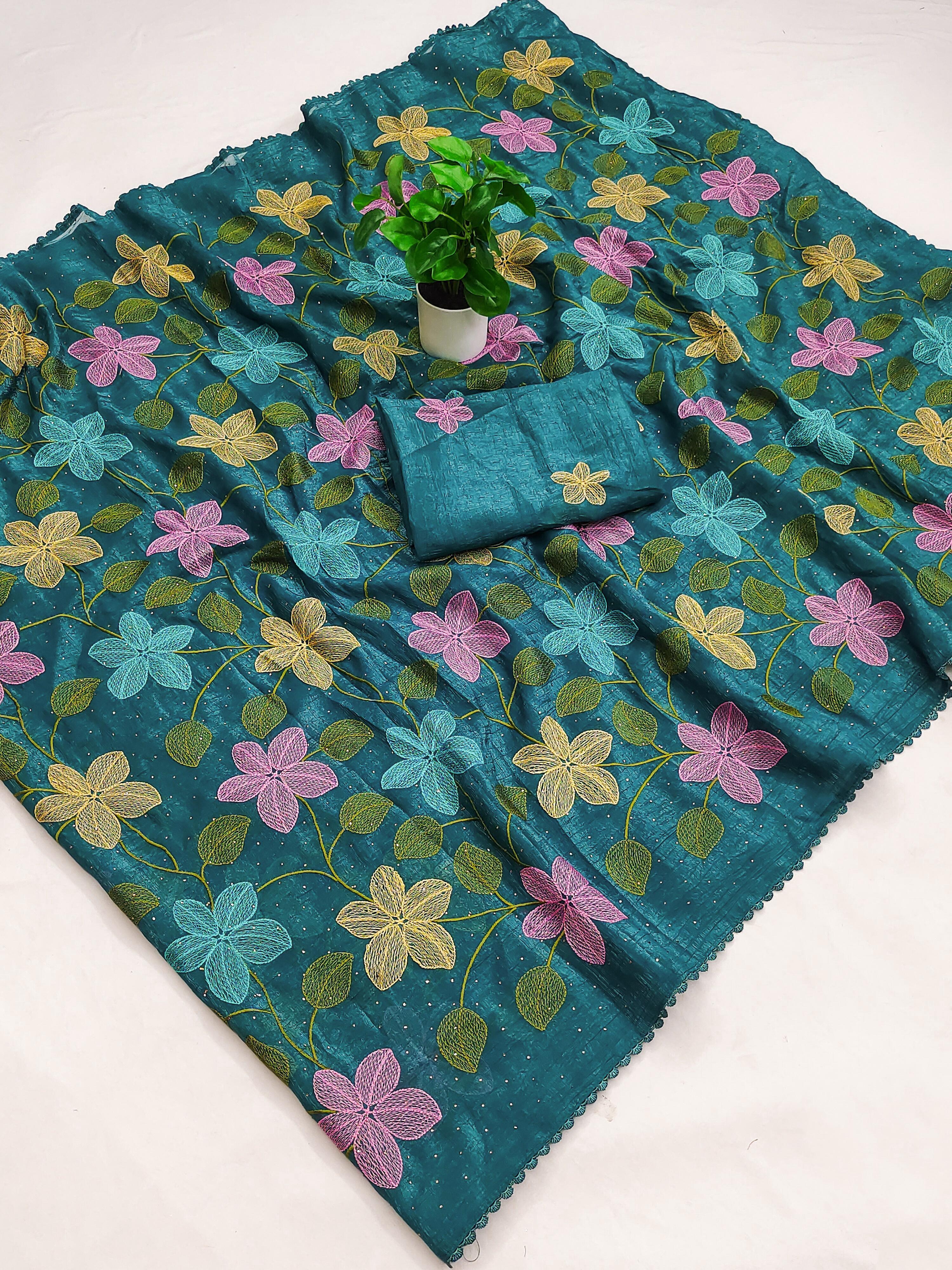 Delightful Festive Wear Viscose Crunchy Silk Embroidery Thread n Siroski Work Fancy Saree With Contrast Blouse Piece