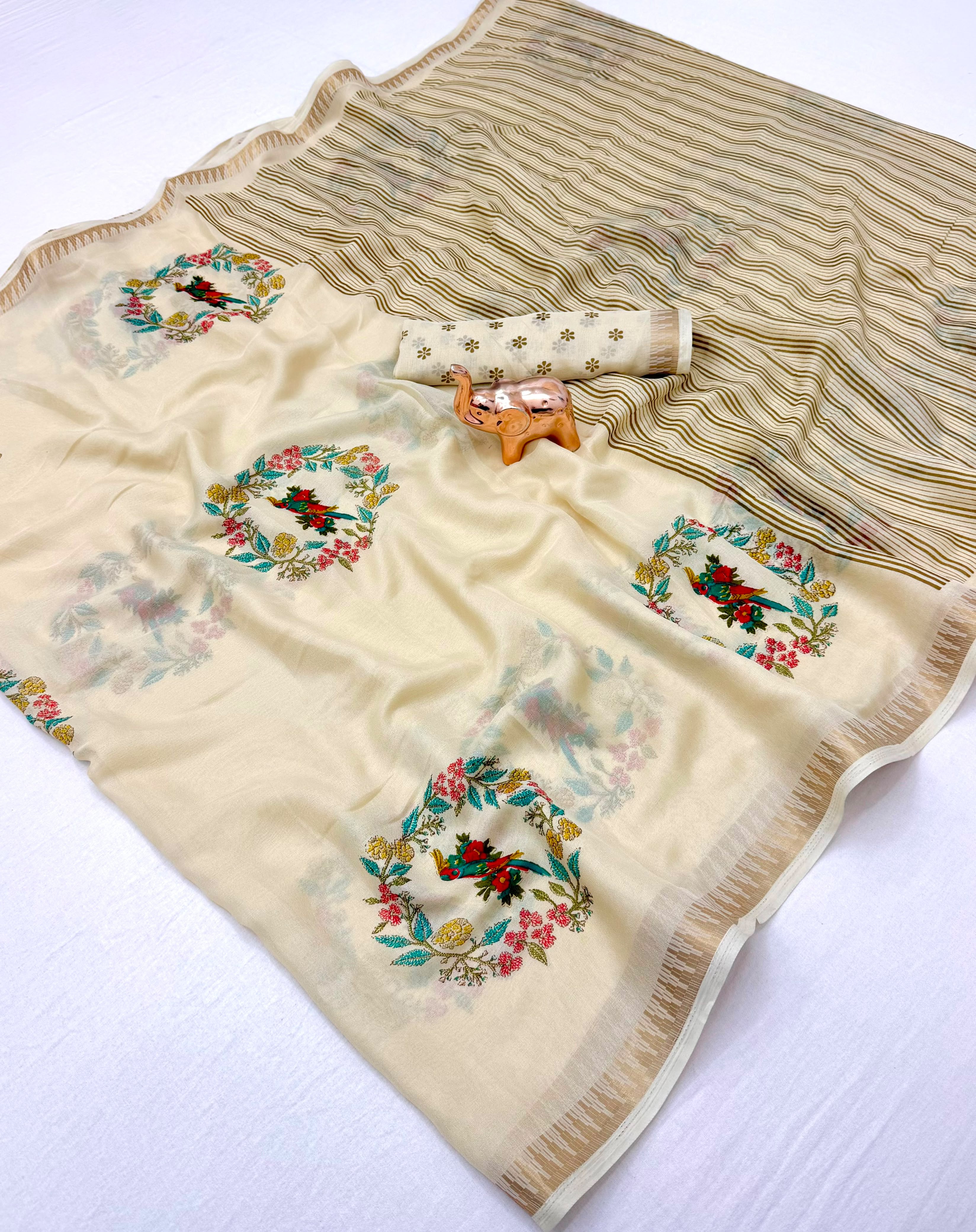 Splendorous Function Wear Pure Soft Silk Kalamkari Print Jacquard Border Rich Pallu Saree With Blouse Piece